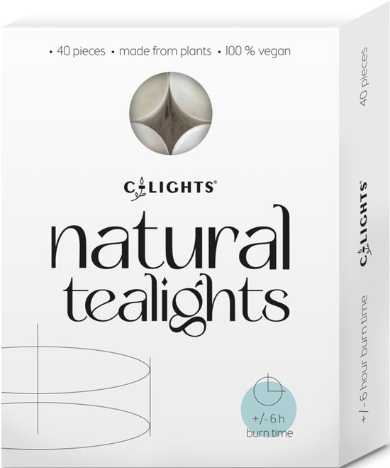 C-lights Theelichten Natural 40 stuks - 6 Branduren - Plantaardige Wax - Vegan - 3.9x2 cm - met 100% Eco-Katoenen Lont