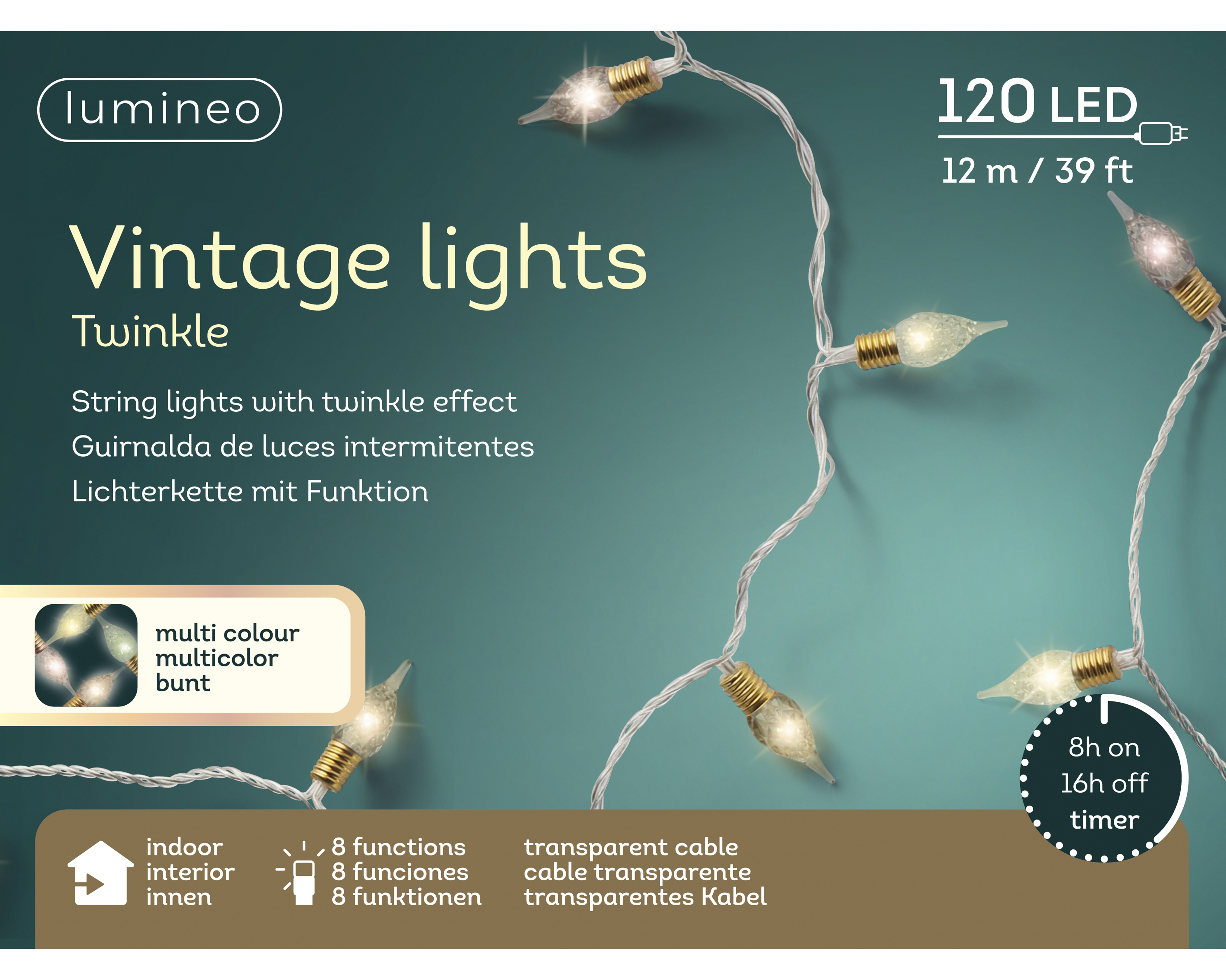 Kerstverlichting LED Vintage Twinkle 11.9m - 120 leds - Transparant/Multicolour - Indoor