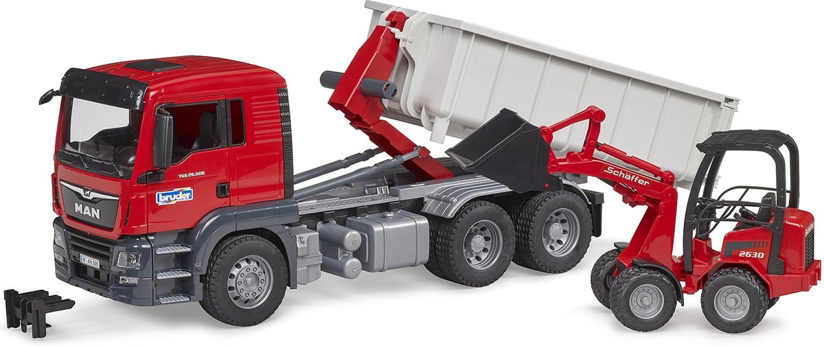 Bruder 3767 MAN TGS camion met afrolcontainer en Schaffer compact lader