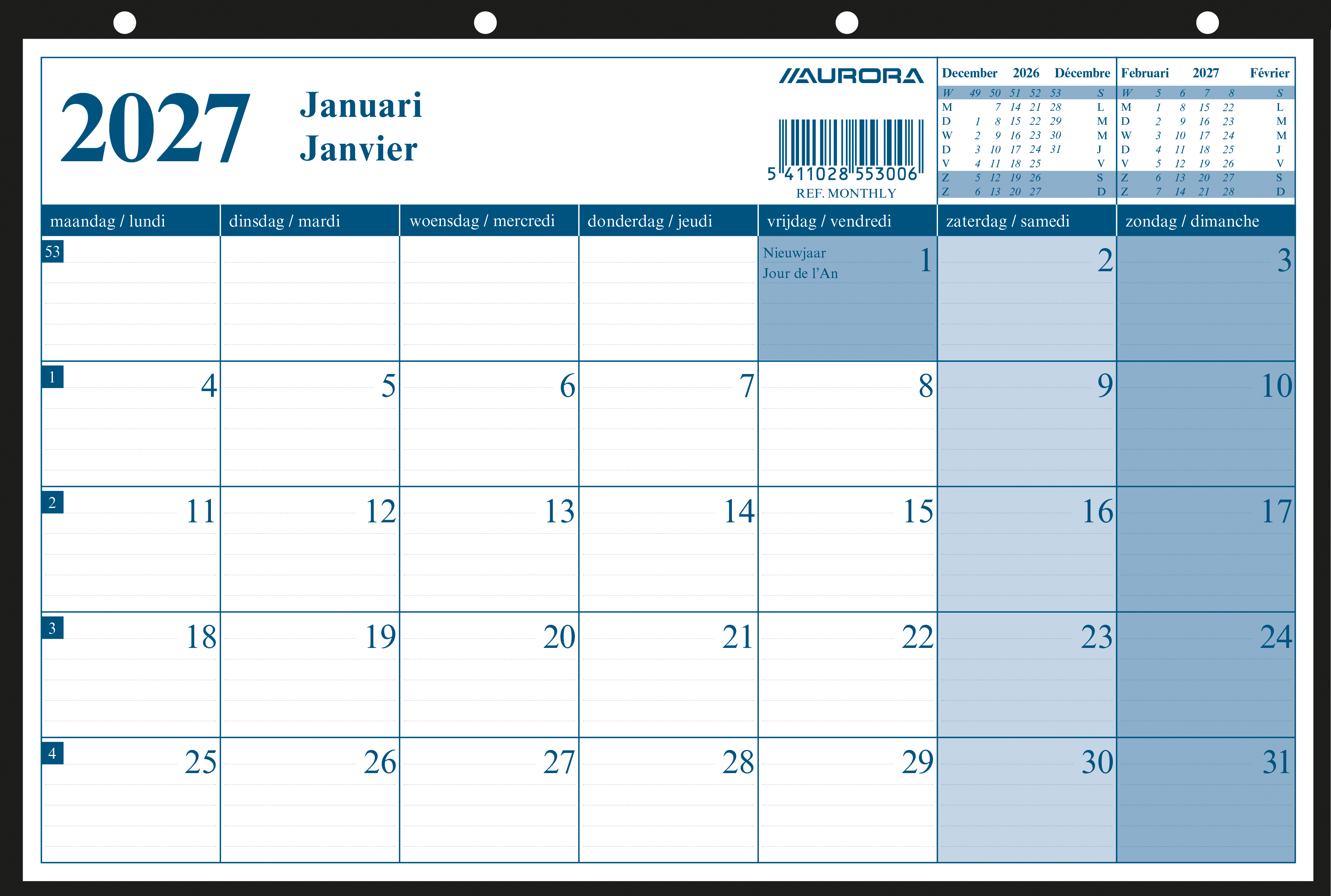 Aurora Maandkalender 2027 Seta 1maand/2pag Zwart 29x21 cm