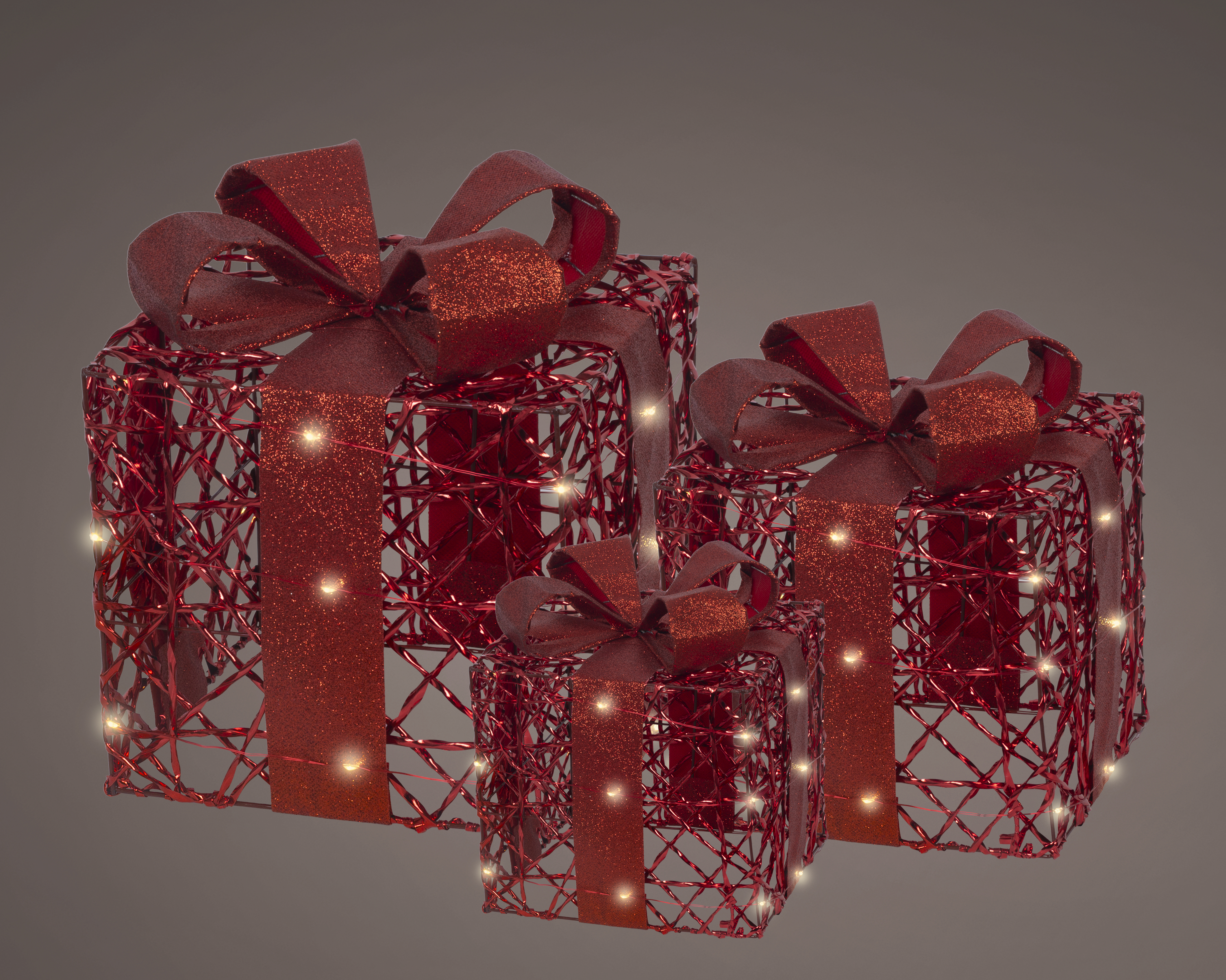 Geschenkdoos Rood Micro LED met Strik set 3 stuks - Warm Wit - 3 Groottes in Set - Metaal - Indoor