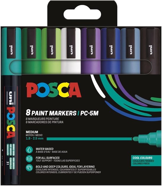 Posca Verfmarker PC-5M 1.8/2.5 mm Conische Punt - Koude kleuren 8 stuks