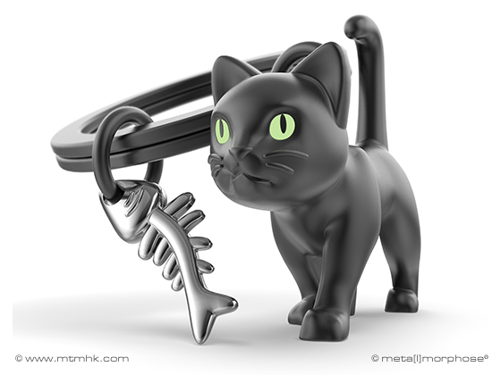 Chocli Sleutelhanger Animal Collection - Kat met Visgraat - Zwart/Chrome - Glow in the Dark