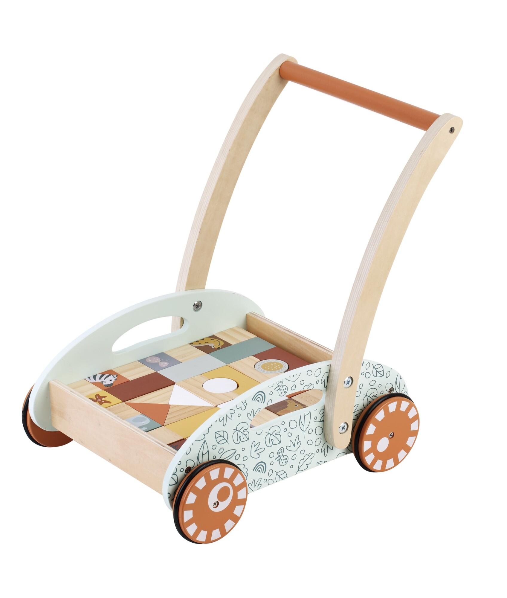 Houten blokkenkar met gekleurde houten speelblokken,