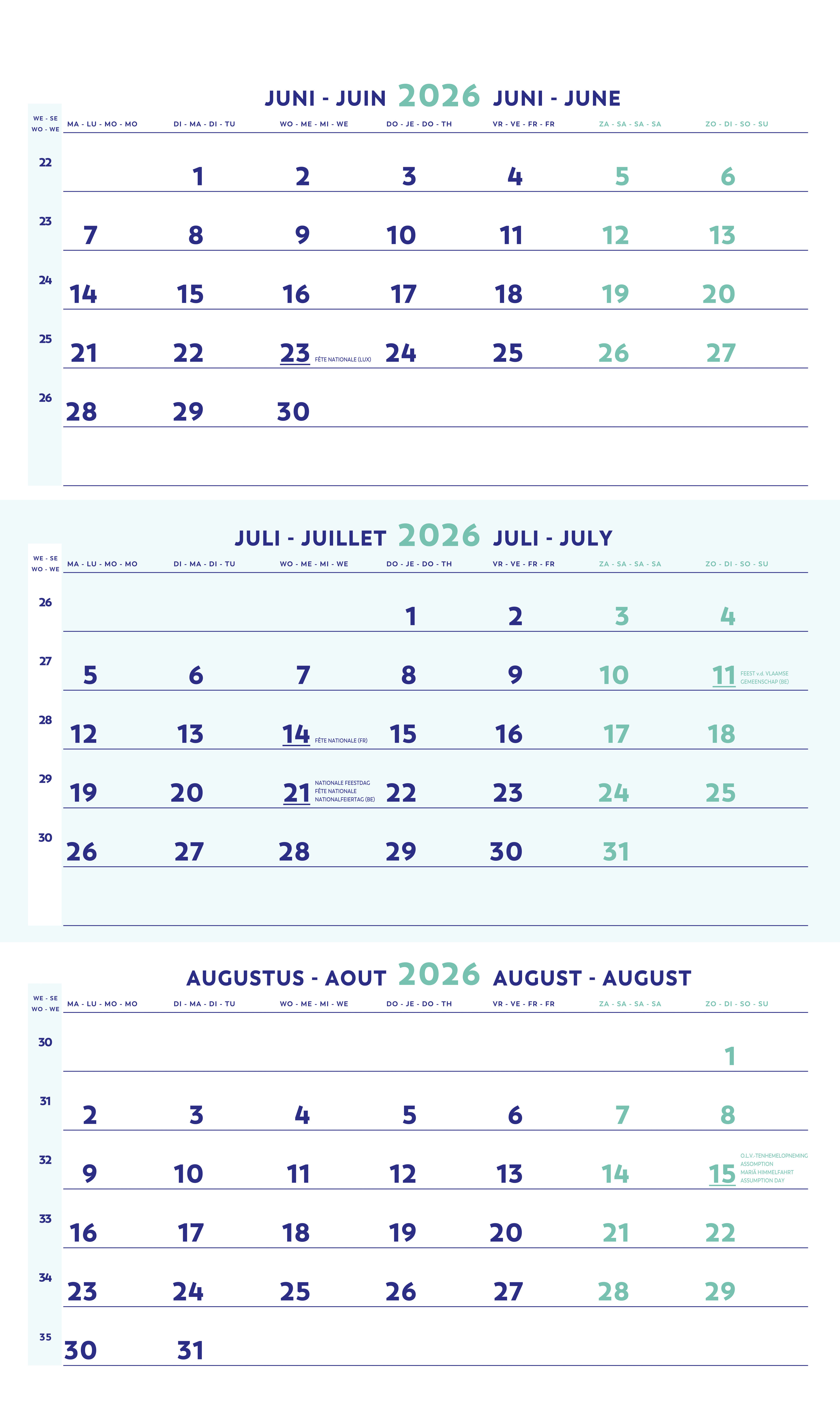 Brepols 3-Maandskalender 2026 - 30x43 cm