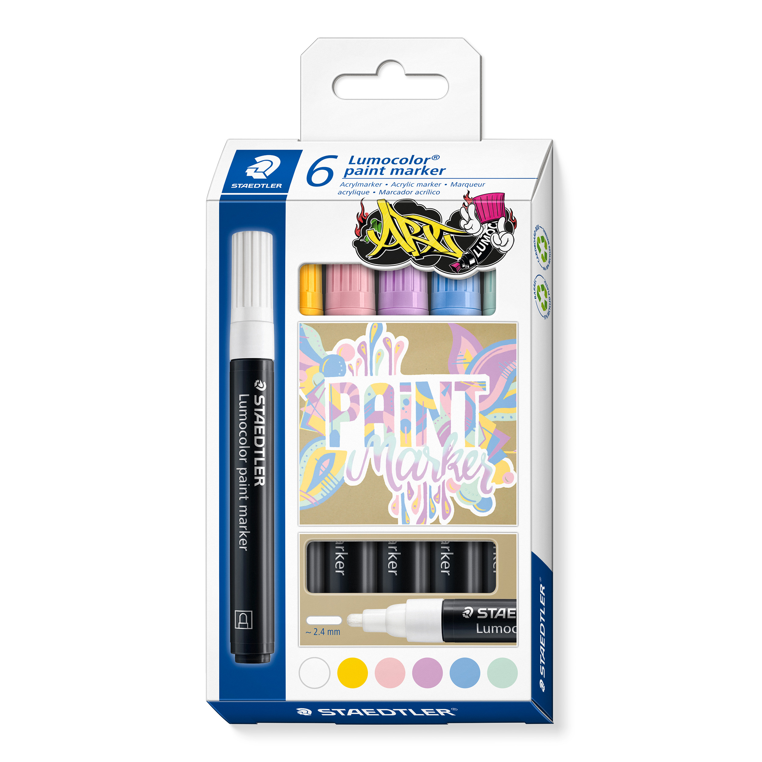 Lumocolor Paint Marker Ronde Punt 2.4mm 6 stuks Wit-Geel-Roze-Paars-Blauw-Groen