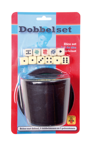 Pokerbeker met deksel + 6 Dobbelstenen en 5 Pokerstenen