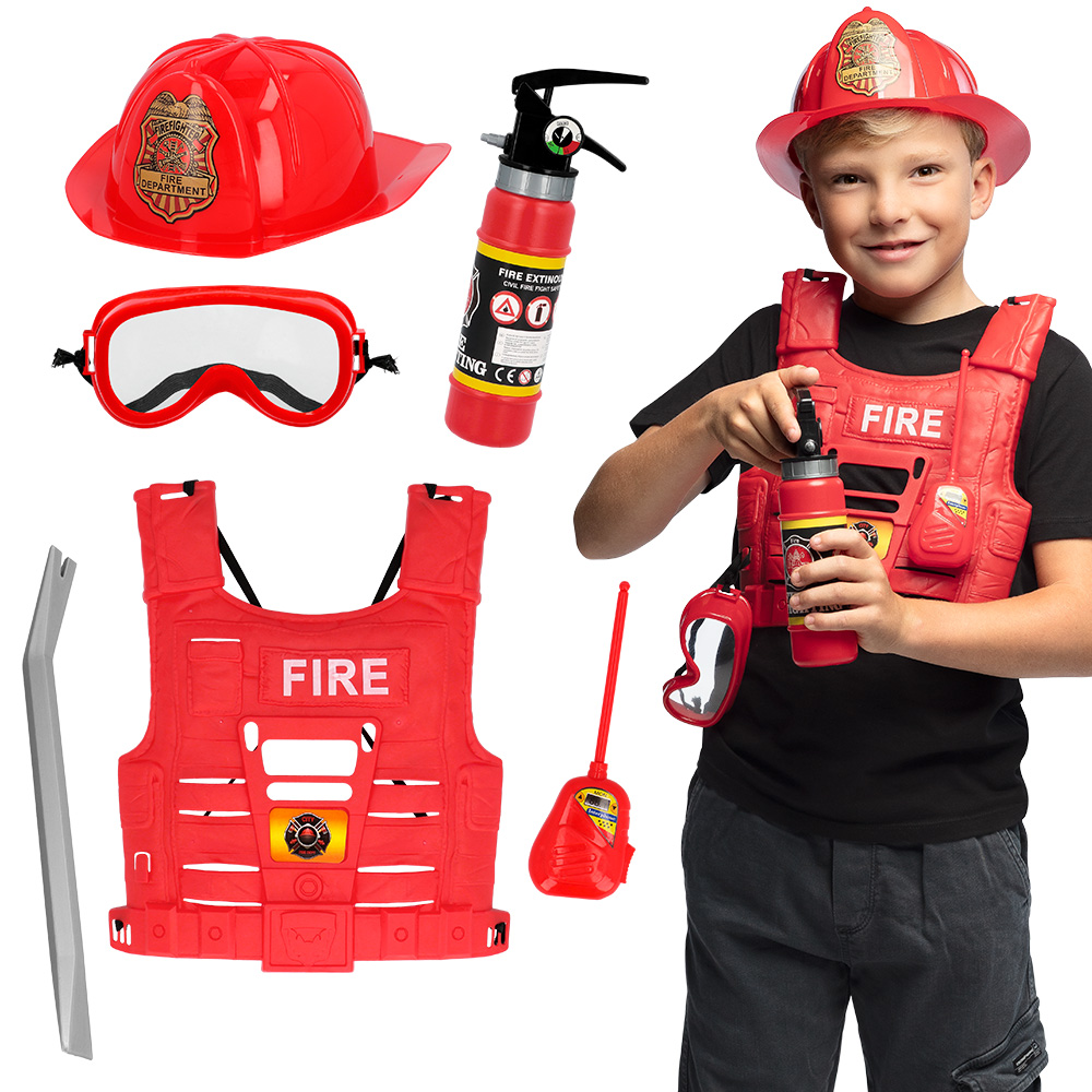 Kinderset Brandweerman Helm, Vest, Veiligheidsbril, Walkietalkie, Brandblusser, Koevoet
