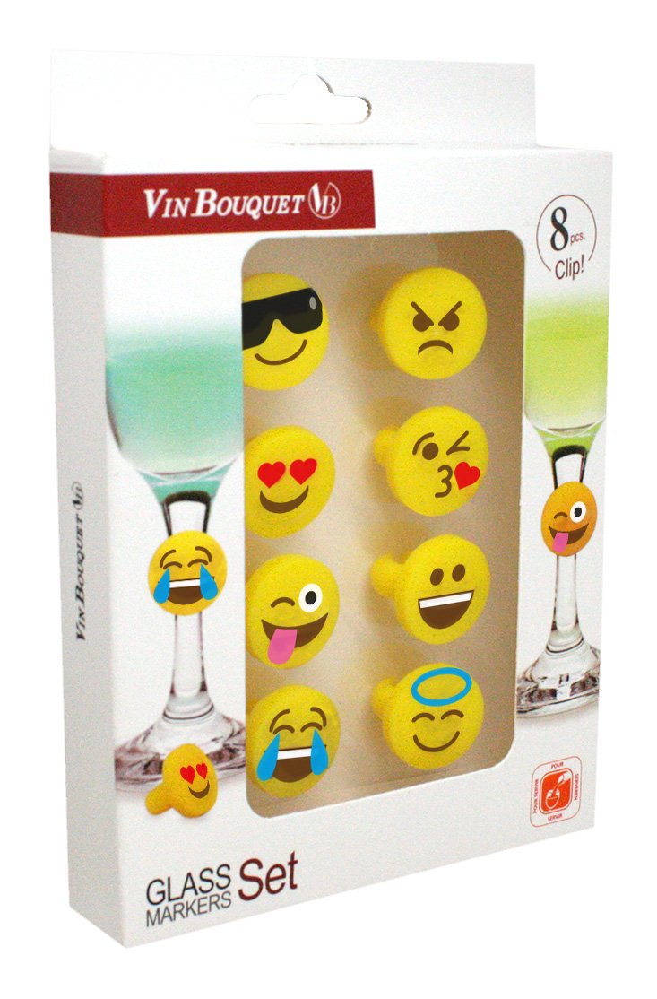Vin Bouquet Glasmarkeerder Emoji set 8 stuks