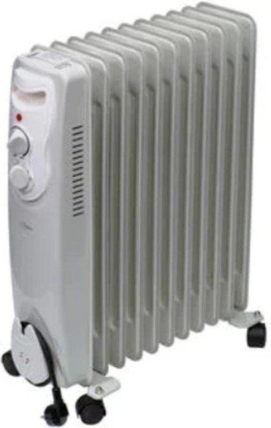 Olieradiator Wit 2500 Watt, 11 elementen 3 standen 890/1290/2500 W. op wielen