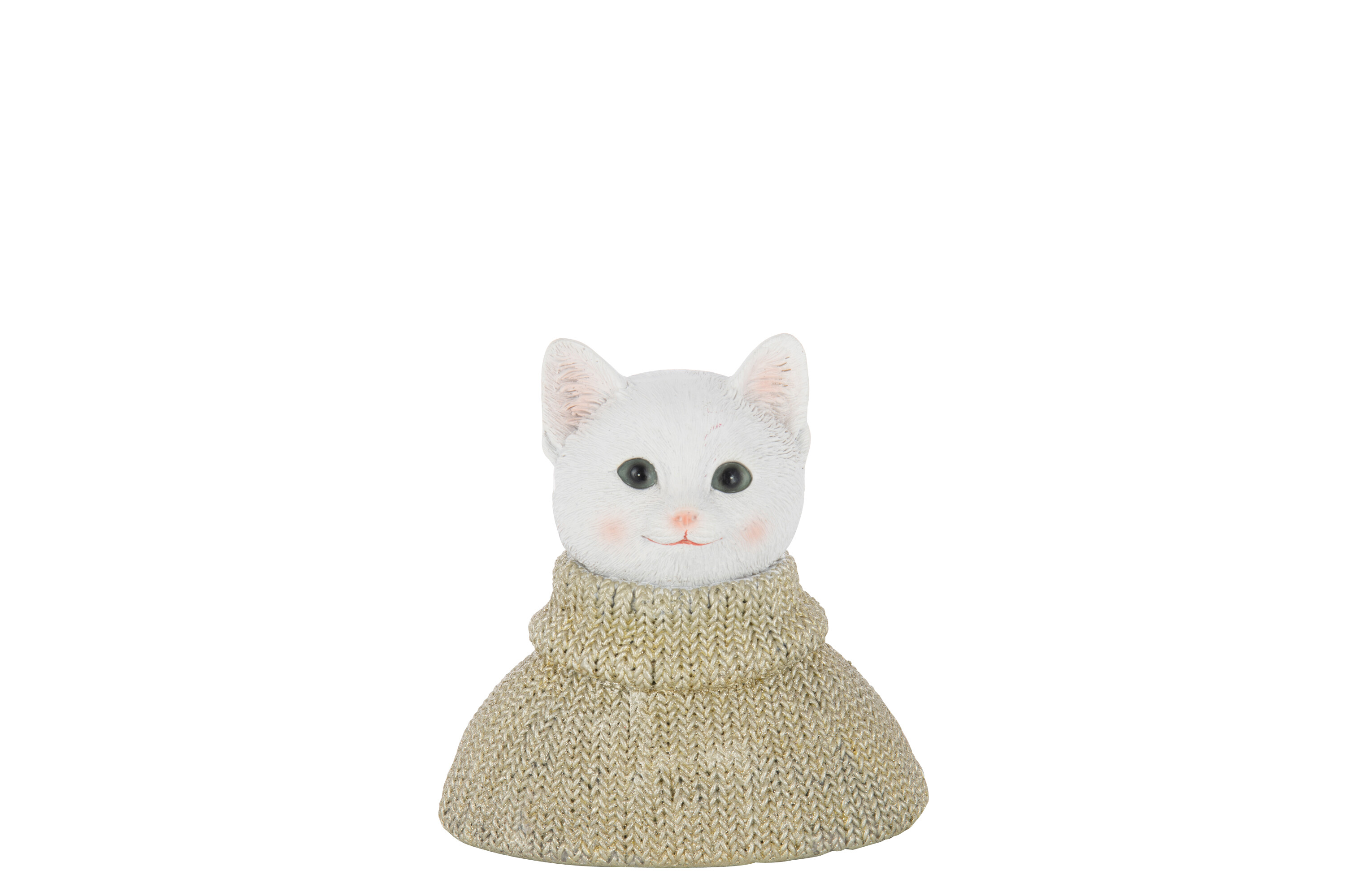 J-Line Kat met Sweater 14x8.5x14.5 cm - Wit/Grijsgroen