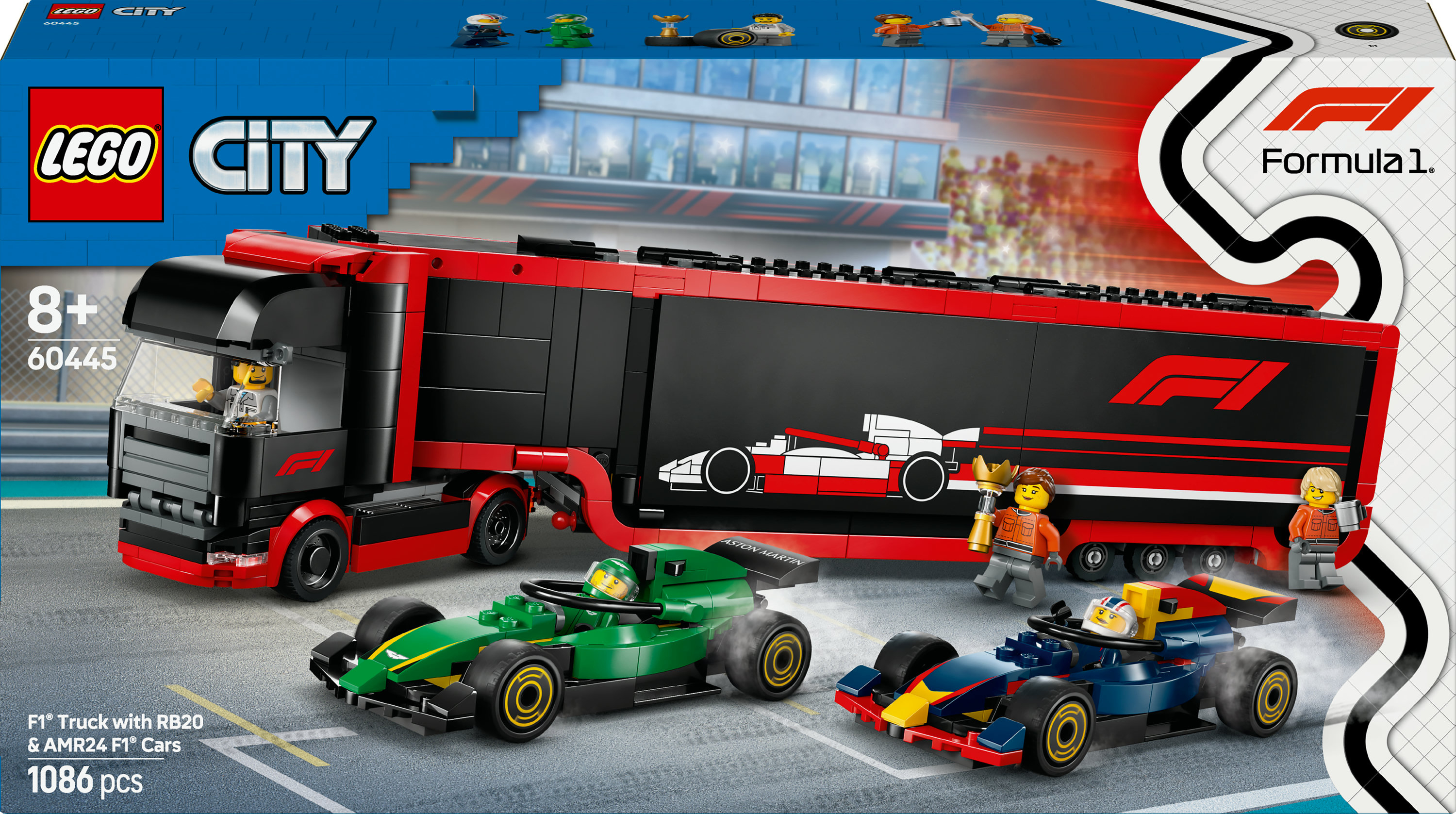 LEGO City 60445 F1 Truck met RB20 en AMR24 F1 auto's