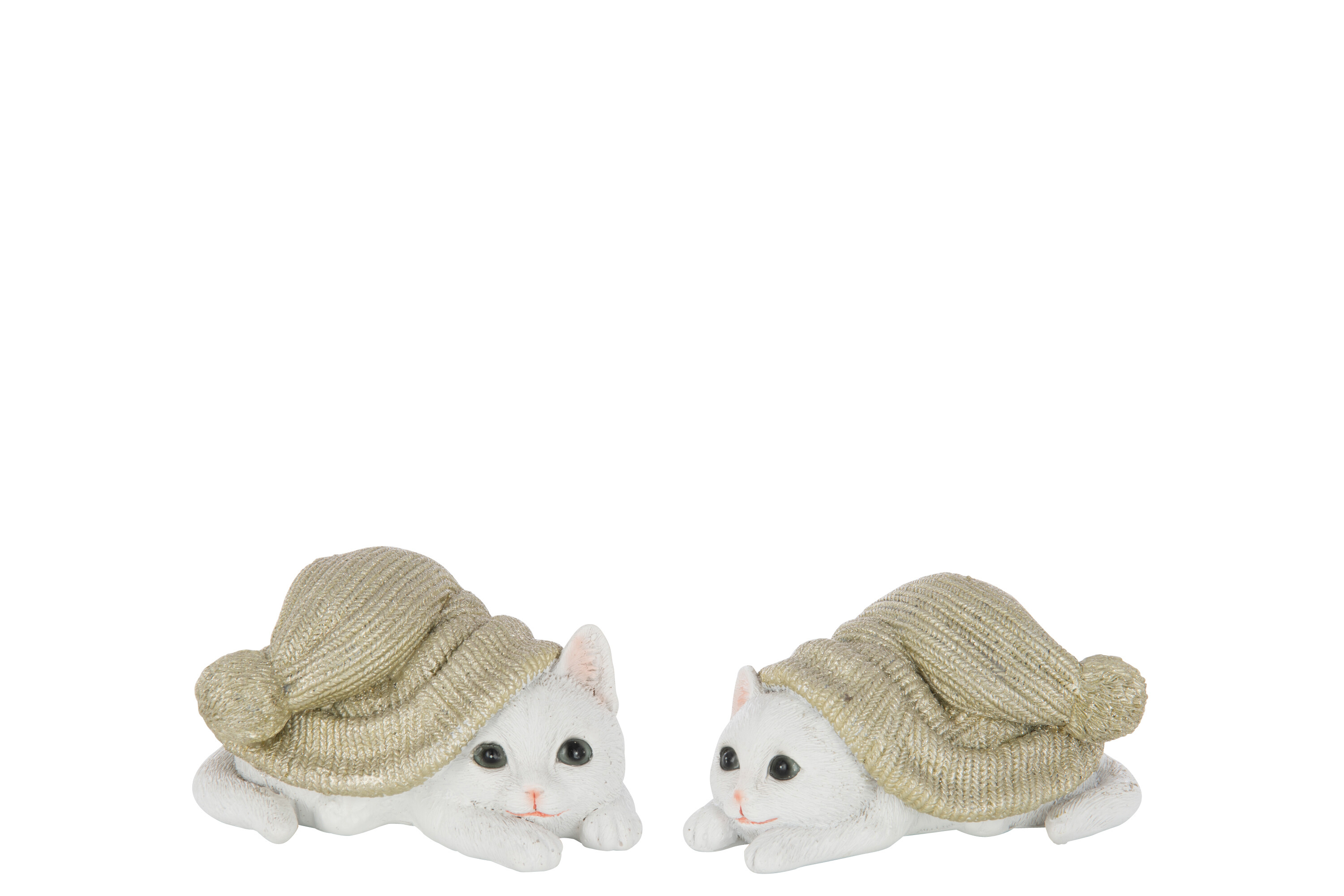 J-Line Kat met Muts 13x9.5x7.5 cm - Wit/Grijsgroen - assorti - prijs per stuk