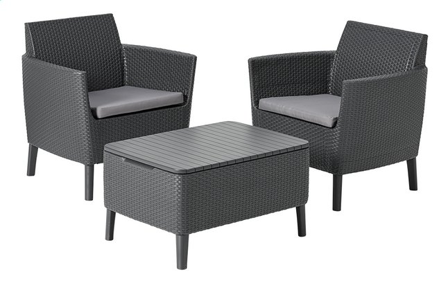 Keter Balkonset Salemo Grafiet Salontafel + 2 Stoelen met Kussens
