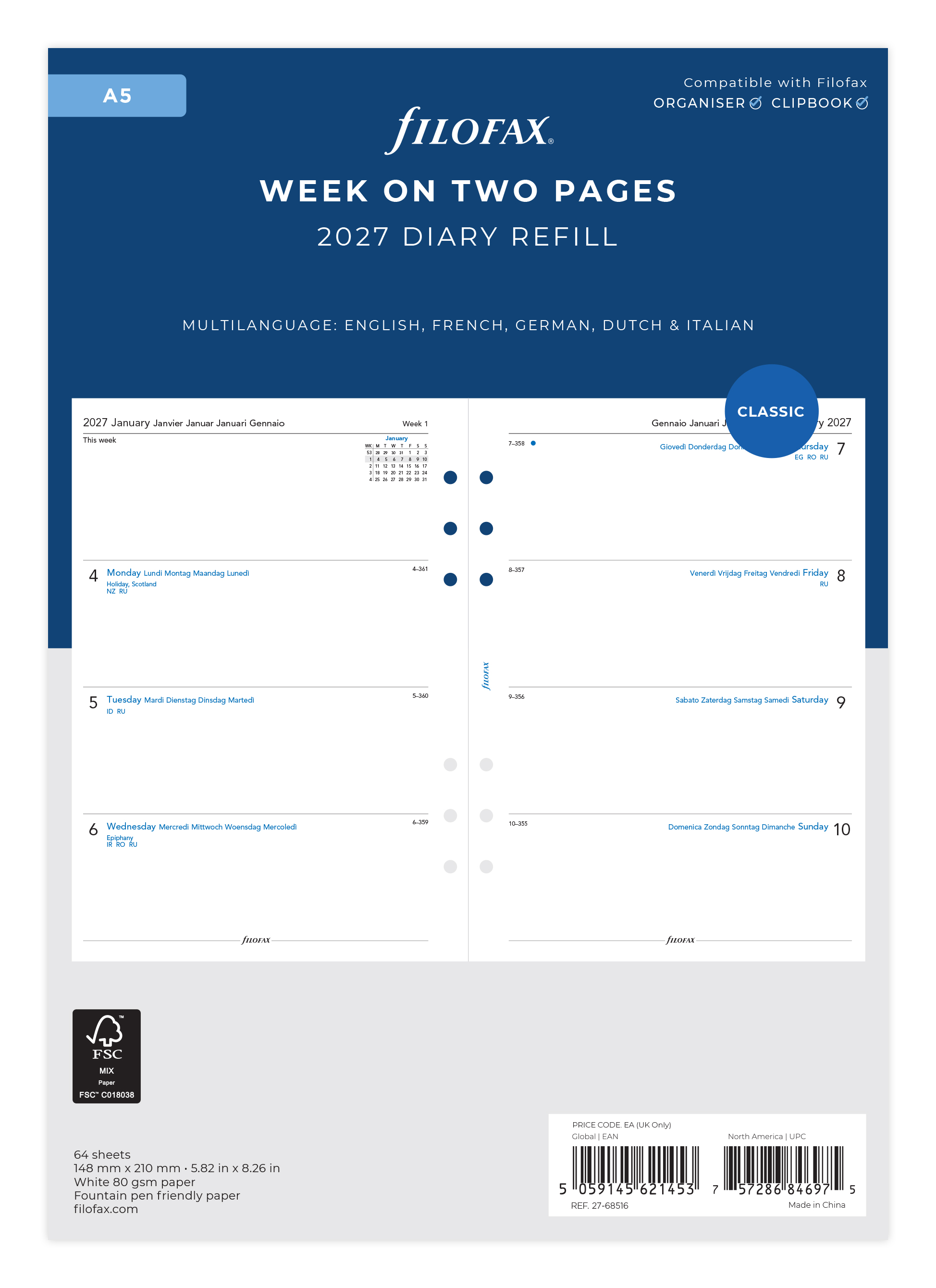 Filofax Agendavulling 2027 Classic A5 Meertalig 1week/2pag