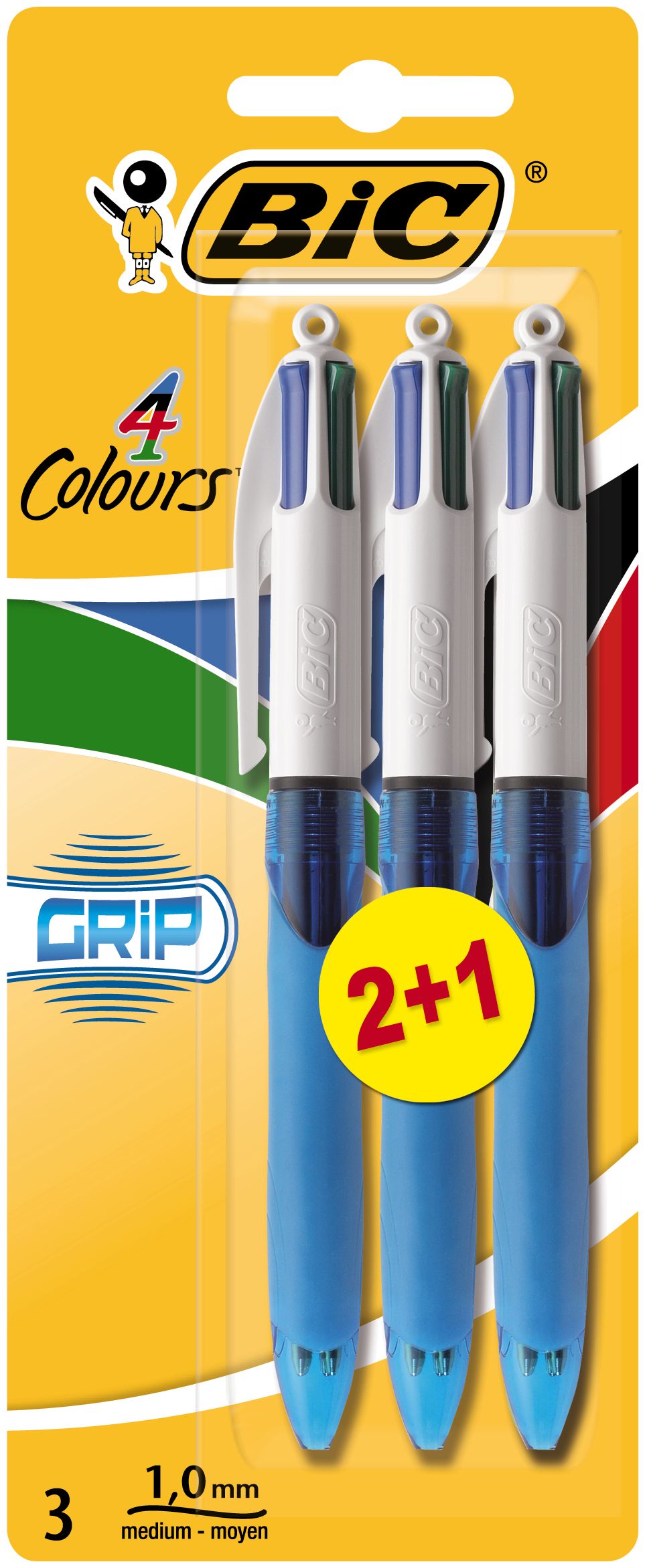 BIC 4 Colours Balpen Medium Grip 3 stuks