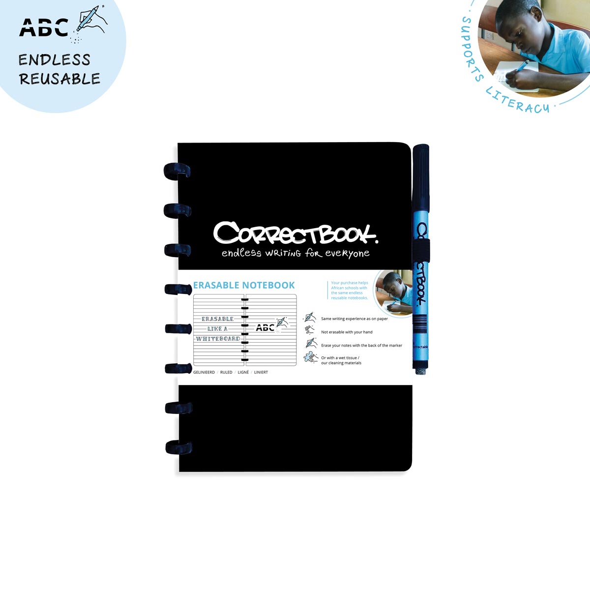 Correctbook Schrift A5 Herbruikbaar Zwart - Gelijnd - Whiteboard