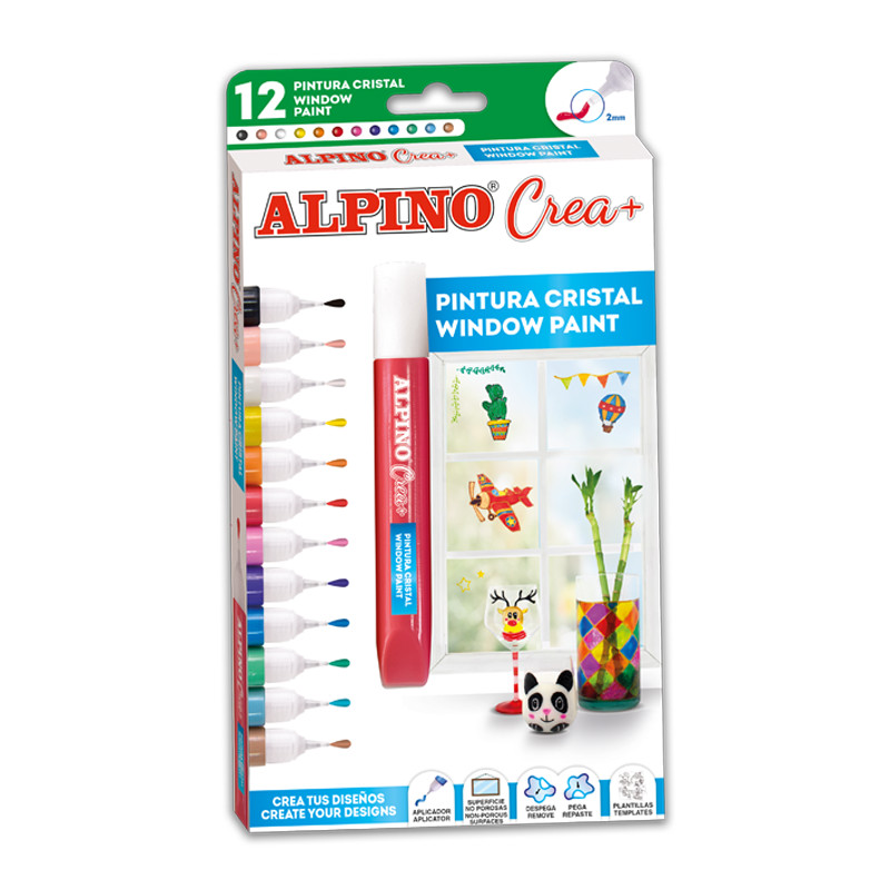 Alpino Crea Kristal Raamverf 2mm punt 12 Heldere, Levendige Kleuren