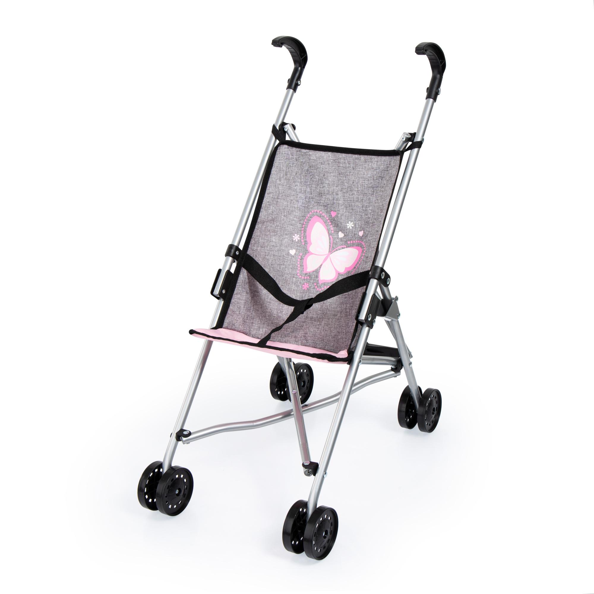 Poppenplooibuggy Grijs/Roze met vlinderdecor, buggy