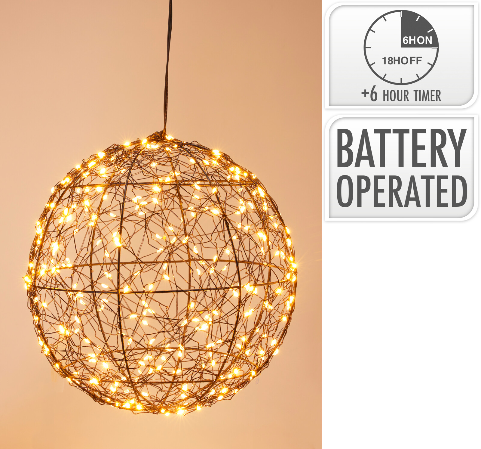 Bal LED Zwart 25cm - Metaal - 300 led - Warm Wit - met Adapter IP44