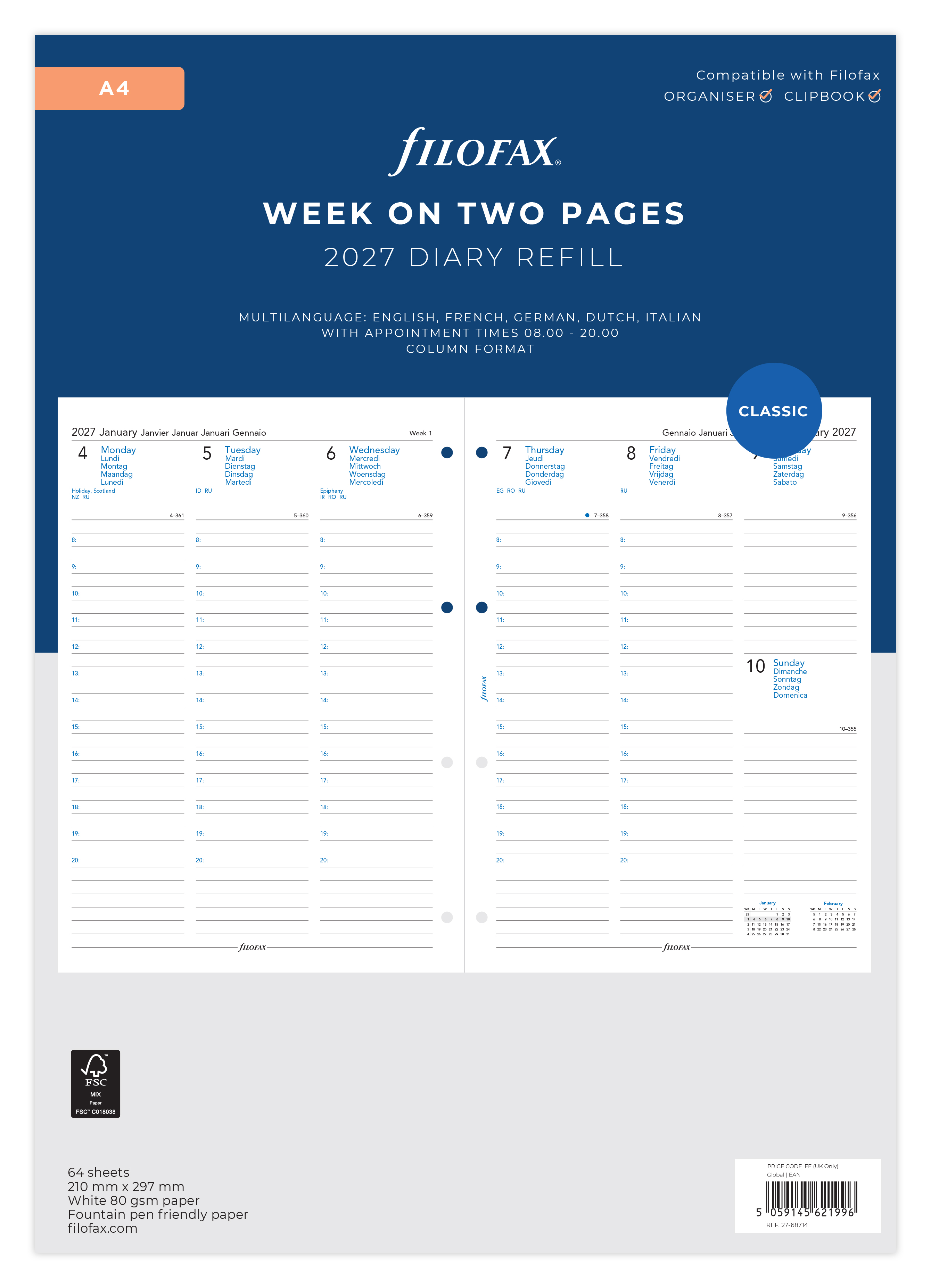 Filofax Agendavulling 2027 Classic Vertical A4 Meertalig 1week/2pag
