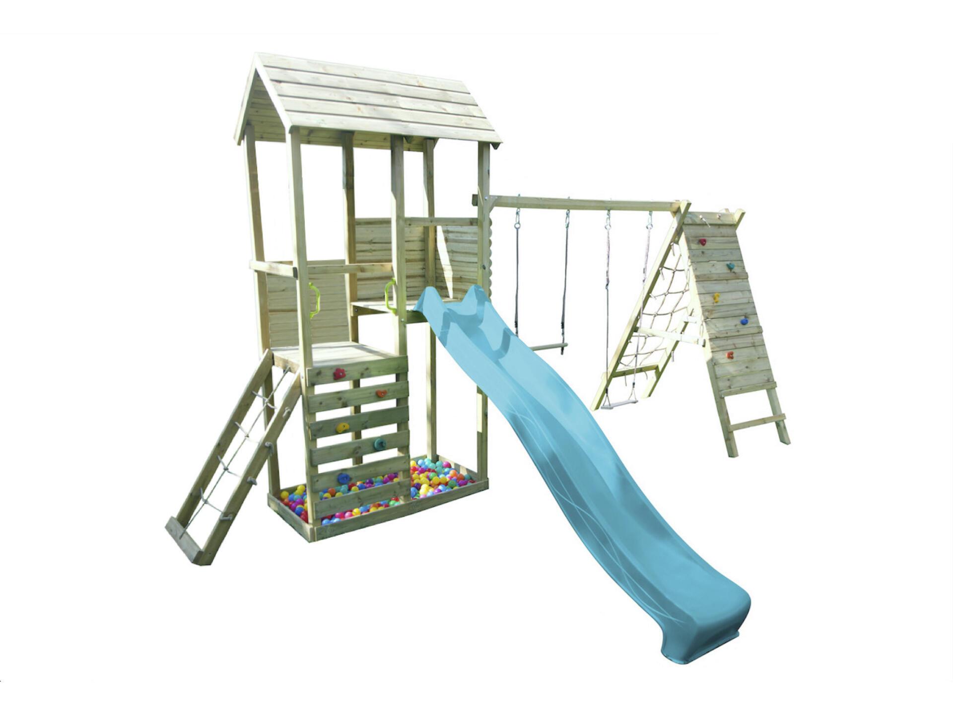 BnB Wood Louna Speeltoren met turquoise Glijbaan