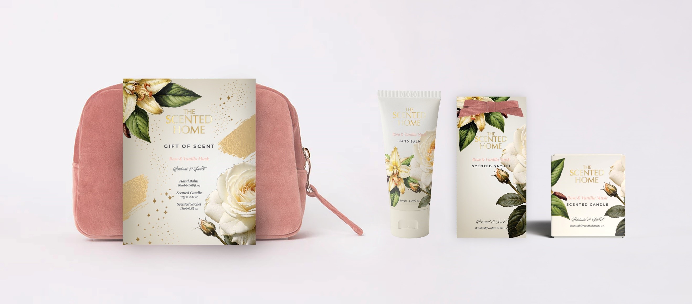 Scented Home Velvet Rose Set Rose & Vanilla Musk - Geurkaars/Geurzakje/Handcreme