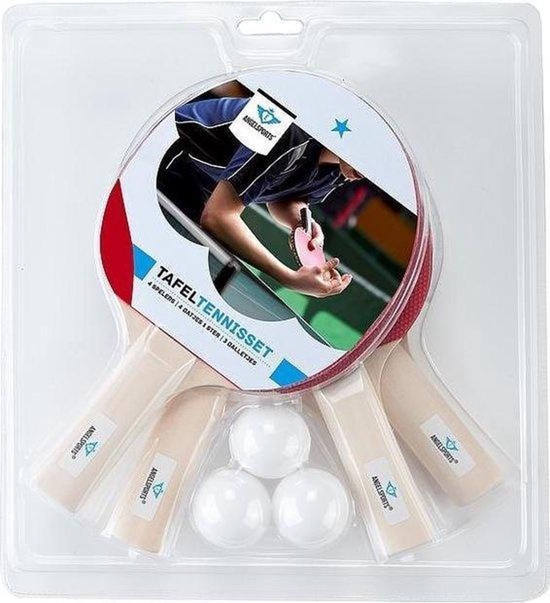 Angel Sports Tafeltennis Set 4 Plywood Palletten 1 Ster, met 3 balletjes