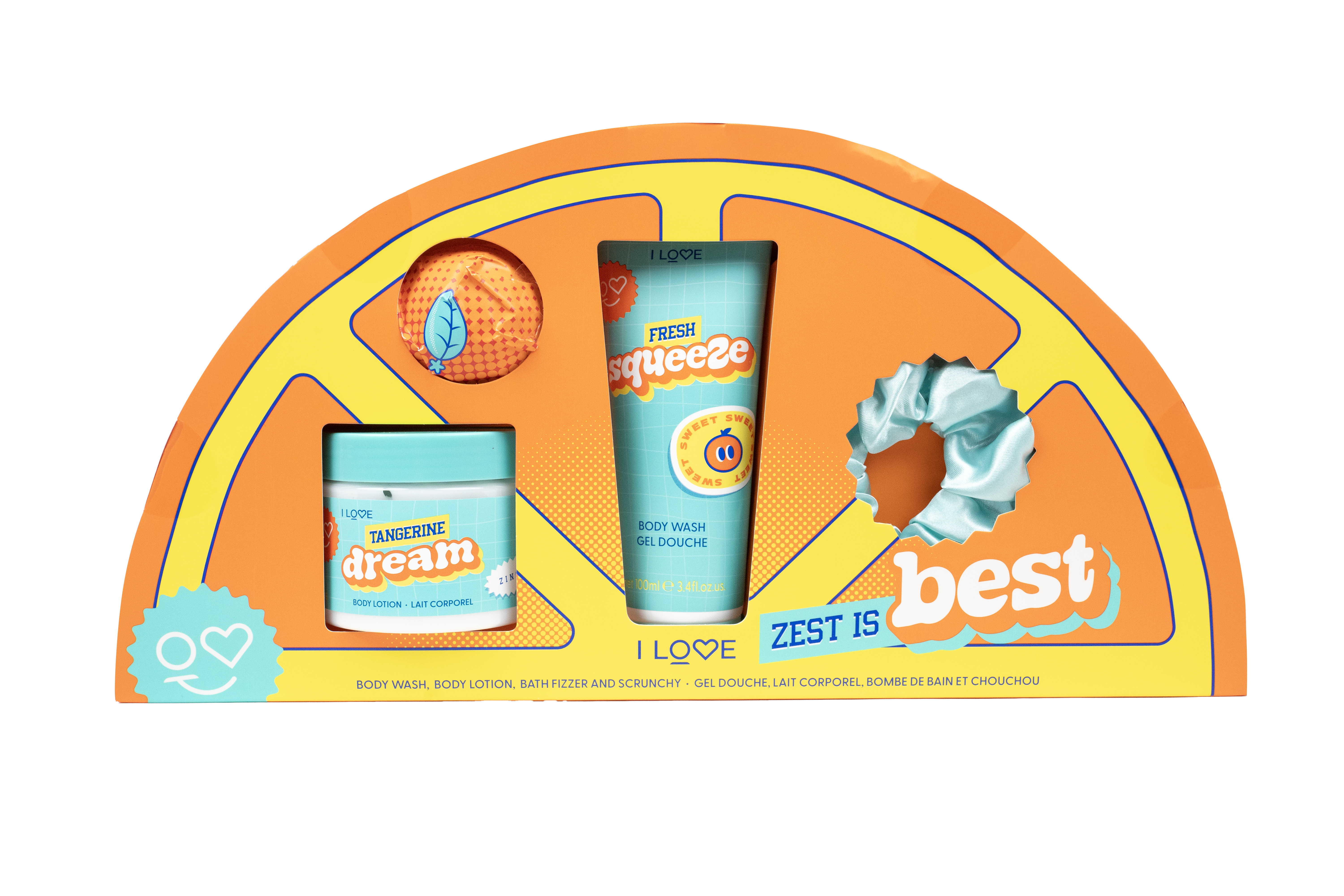 I Love Set Zest Is Best 4-delig - Body Wash 100ml/Bodylotion 150ml/Bruisbal 50g/Scrunchie