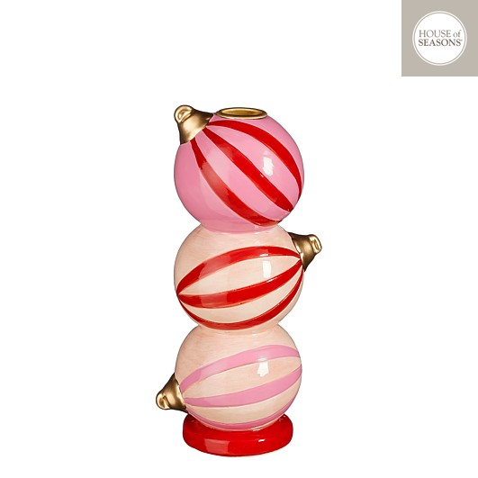 House of Seasons Kandelaar Kerstbal Toren - 9.5x7.5x20 cm - Roze Tinten Gestreept