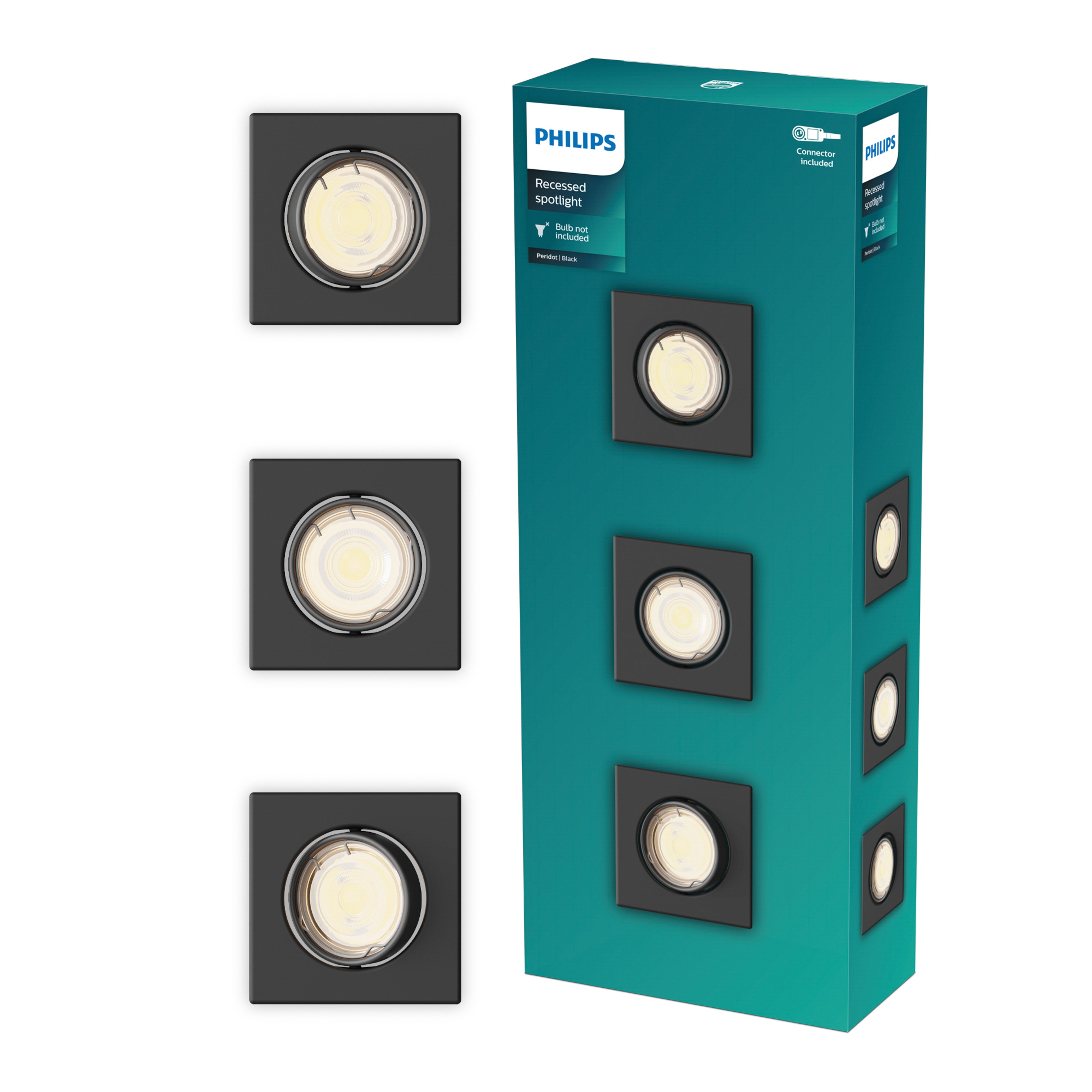 Philips Inbouwspot Peridot Vierkant Richtbaar GU10 Zwart - 3 stuks