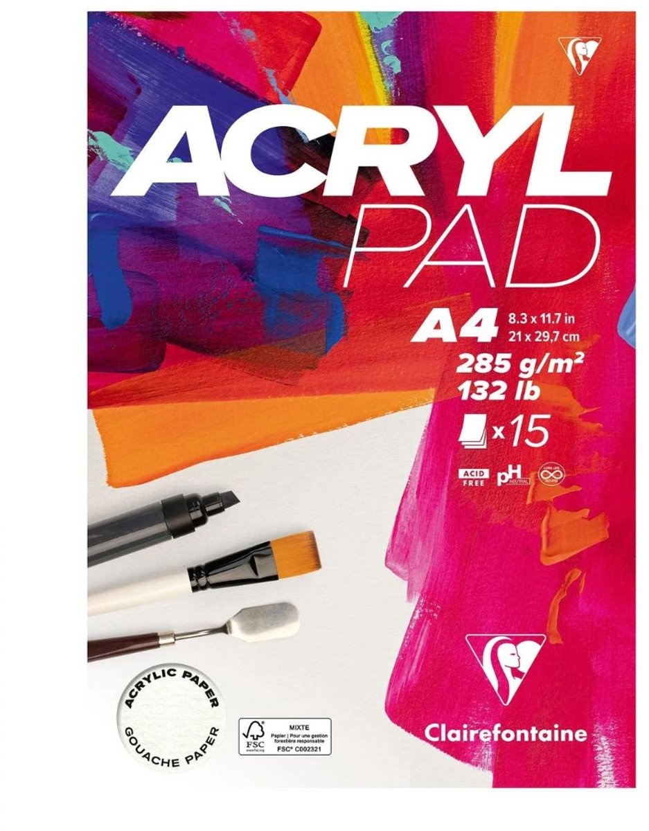 Clairefontaine Acrylpad A4 Wit Gelijmd 15 vel 285g