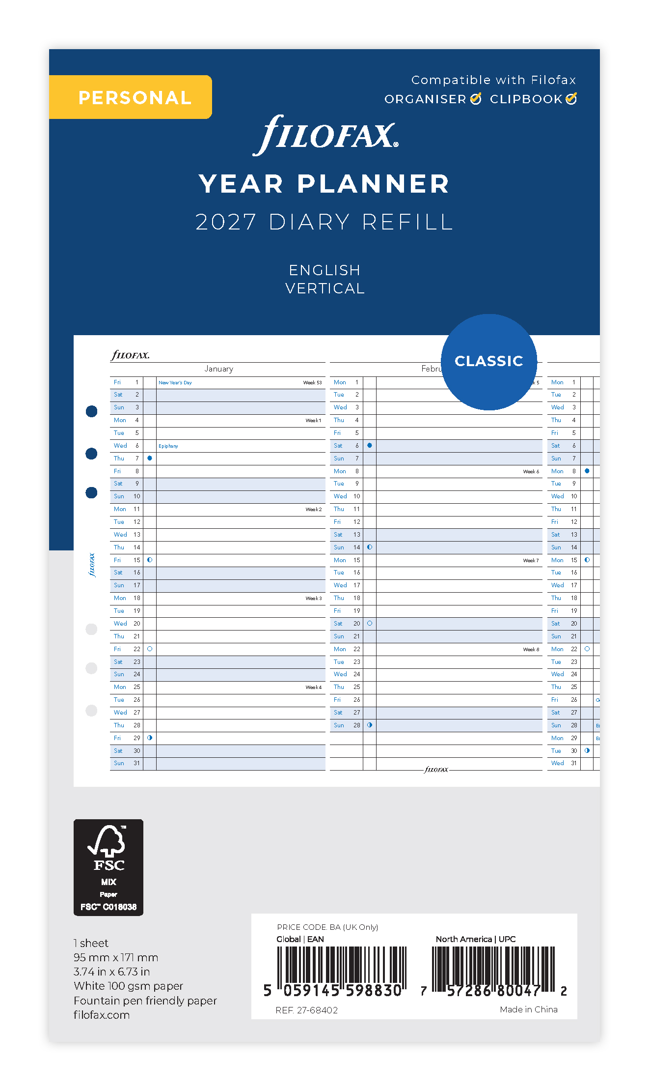 Filofax Jaarplanner 2027 Personal Verticaal 9.5x17.1 cm