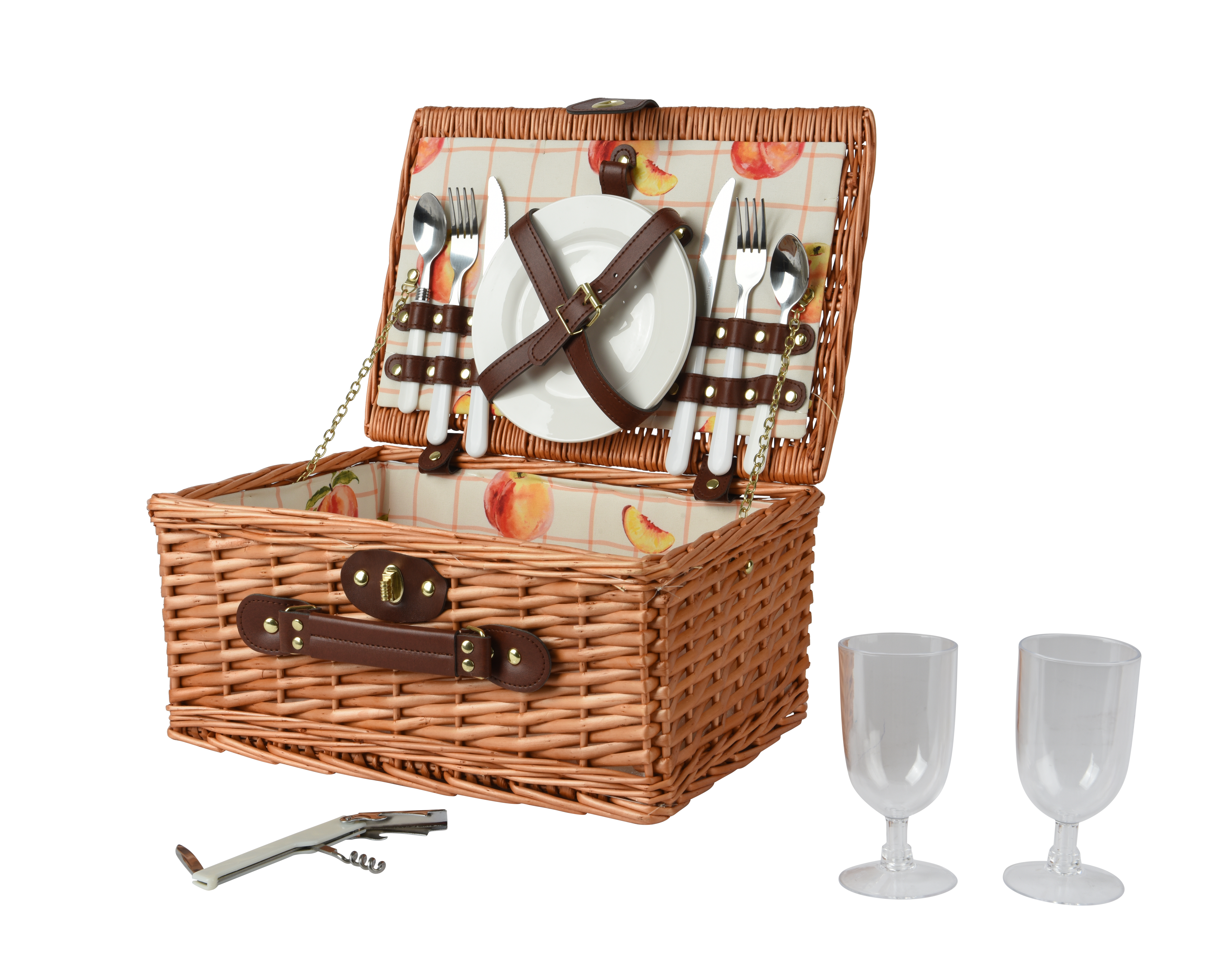 Picknickmand Wicker met Flesopener/Borden/Bestek/Glazen voor 2 Personen - 38x26x18 cm
