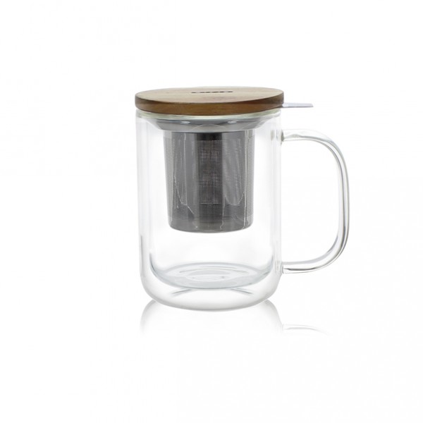 OGO The & Cafe Theemok 350ml met Inox Inzet en Acacia Deksel - Dubbelwandig Glas