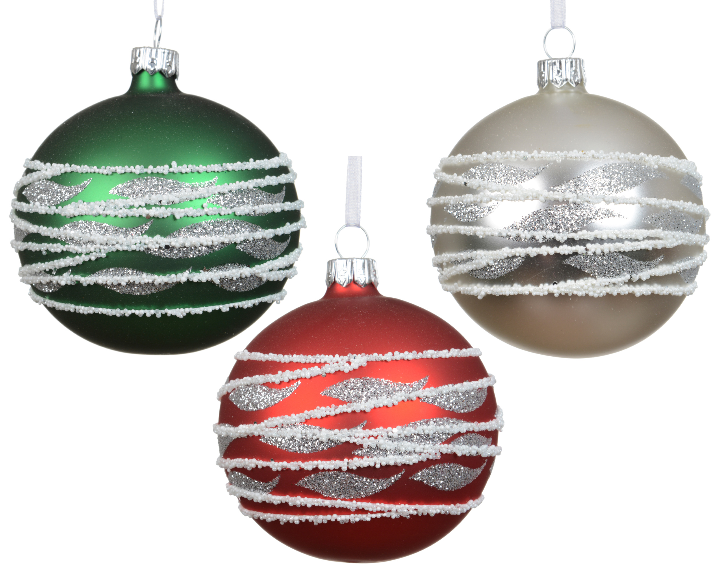 Kerstbal Glas 8cm met Glitter Lijnen - Mat - assorti - prijs per stuk