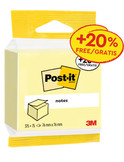 Post-It Notes Kubus Canary Yellow 76x76 mm - 375 + 75 vel gratis -5426P