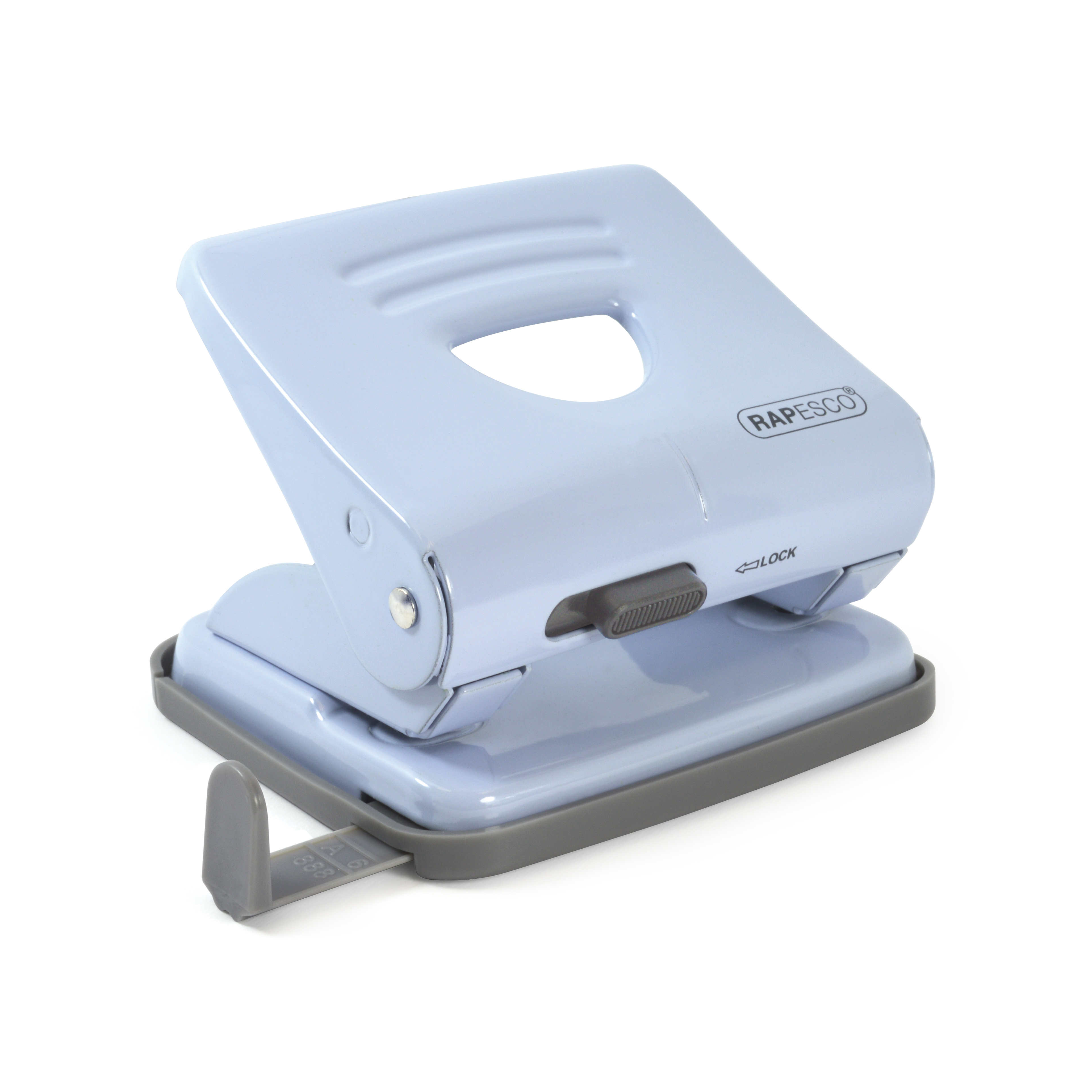 Rapesco Perforator 825 Lichtblauw met Vergrendelbare Greep en Papieraanleg