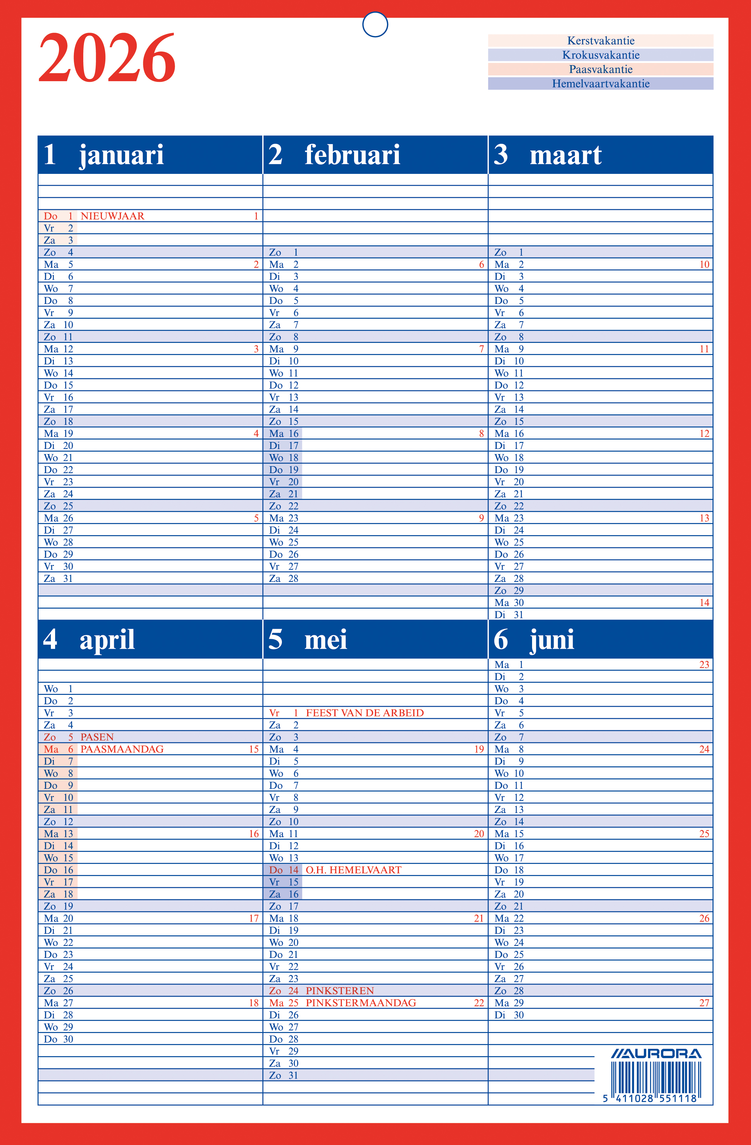 Aurora Mementokalender 2026 Nederlands 6maand/pag 21x32 cm