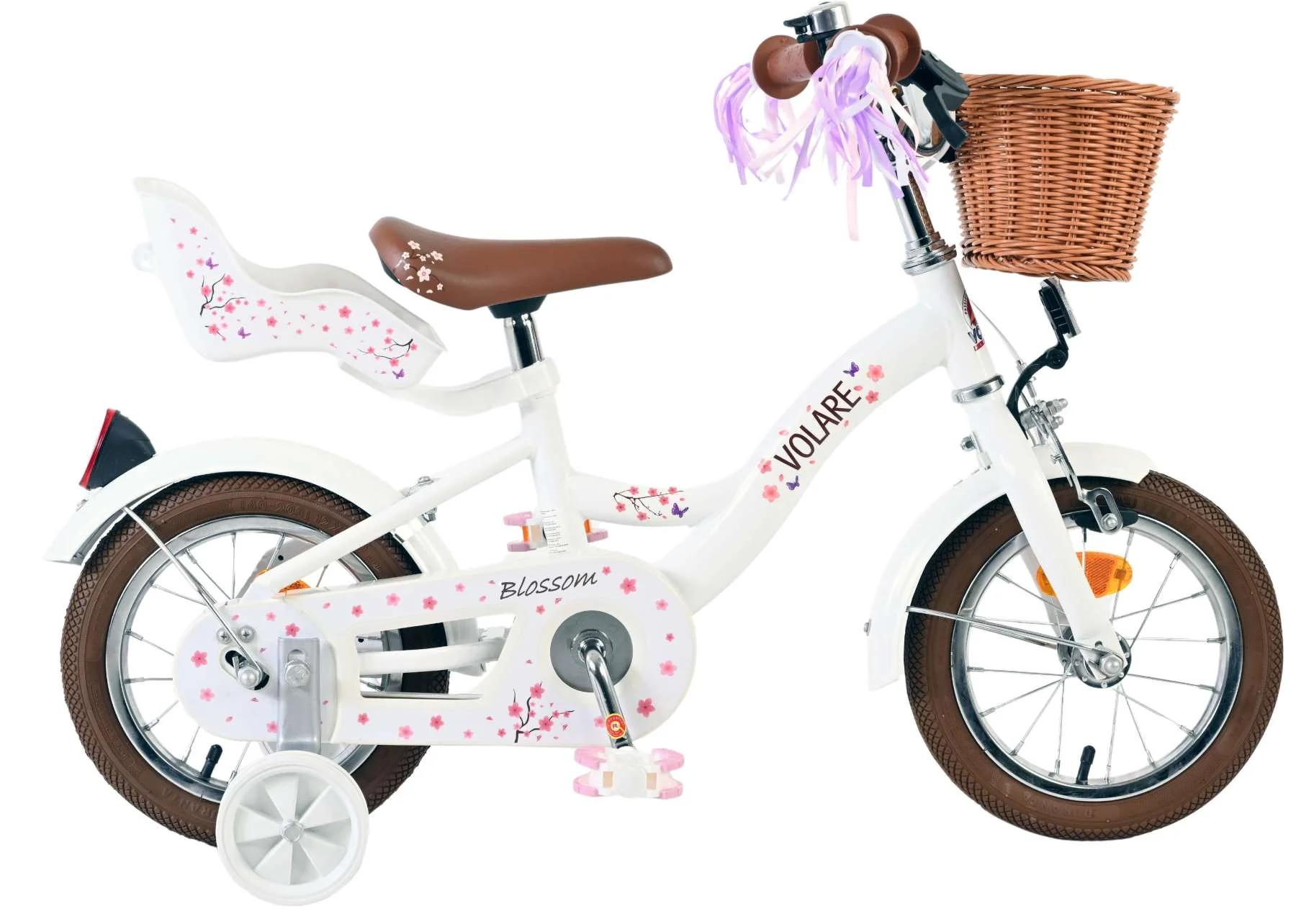Volare Blossom Kinderfiets Wit Handrem+Terugtraprem met Mandje en Poppenstoeltje 12 inch