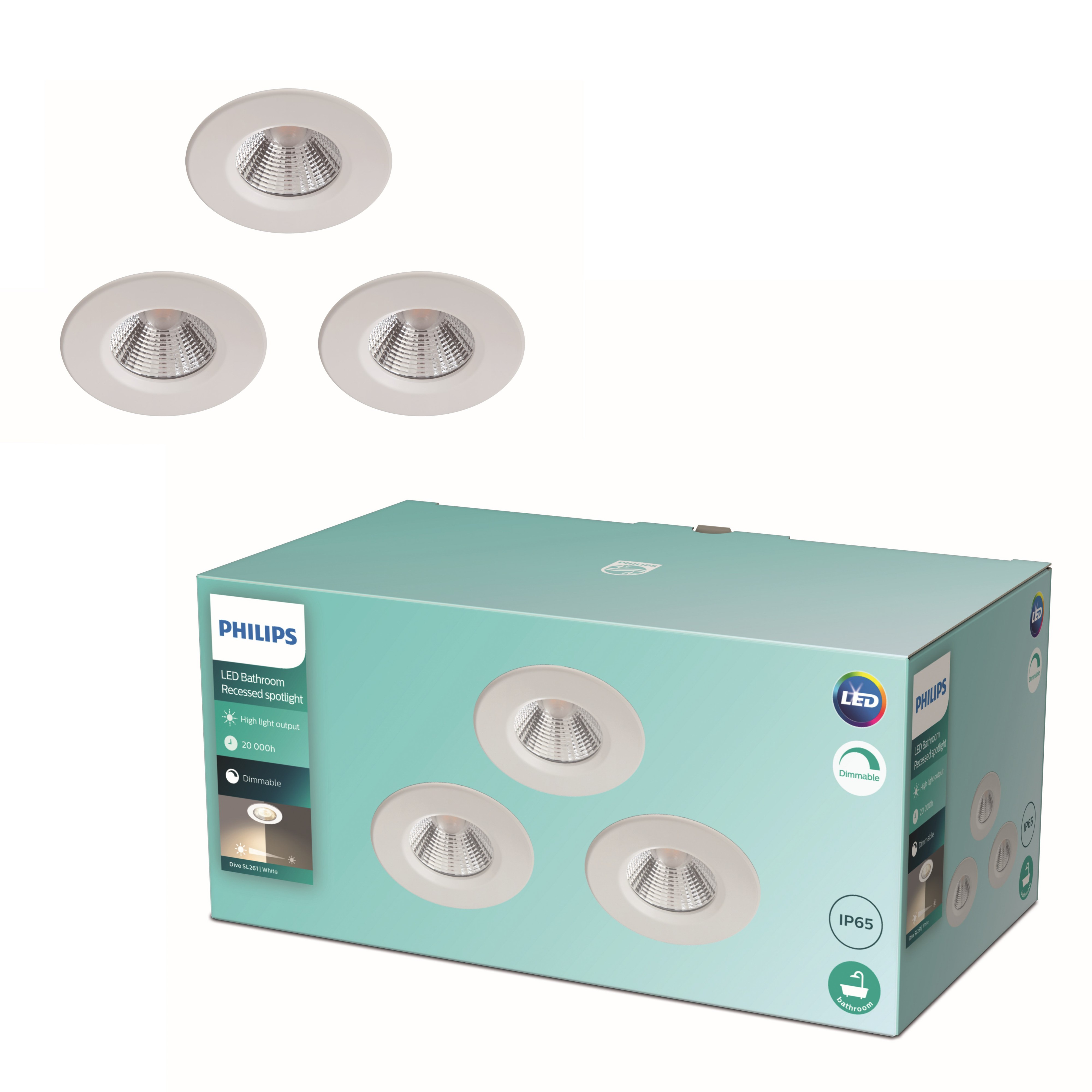 Philips Inbouwspot Dive SL261 Wit 85 mm GU10 5.5W Dimbaar IP20 - 3 stuks