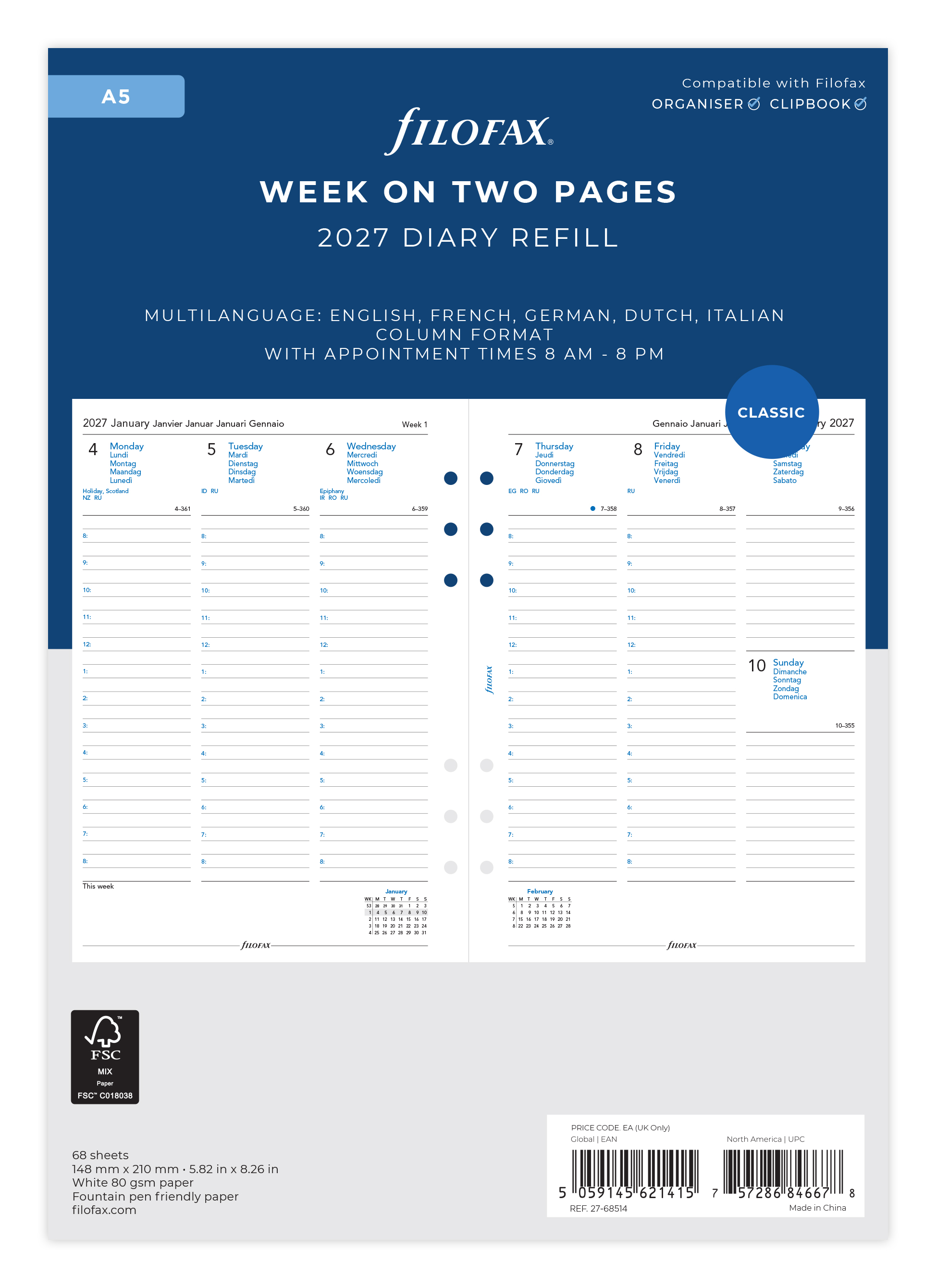 Filofax Agendavulling 2027 Classic Vertical A5 Meertalig 1week/2pag