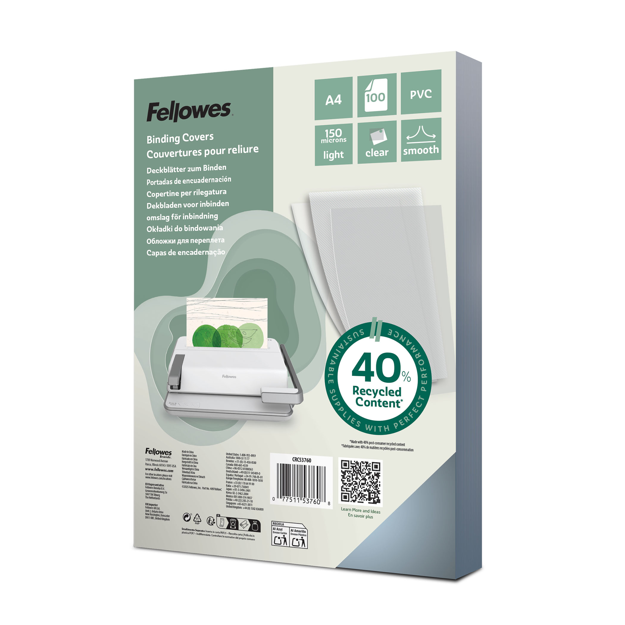 Fellowes Dekbladen A4 Gerecycled PVC 150 Micron Clear 100 stuks