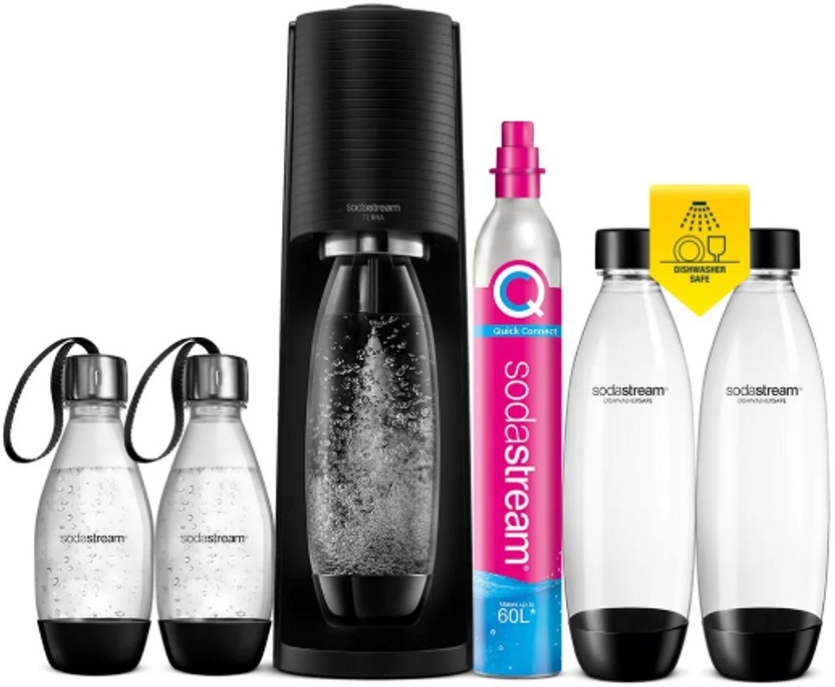 Sodastream Bruiswatermachine Terra Zwart incl Ruilcilinder - 3x1l Flessen - 2x0.5l Flessen