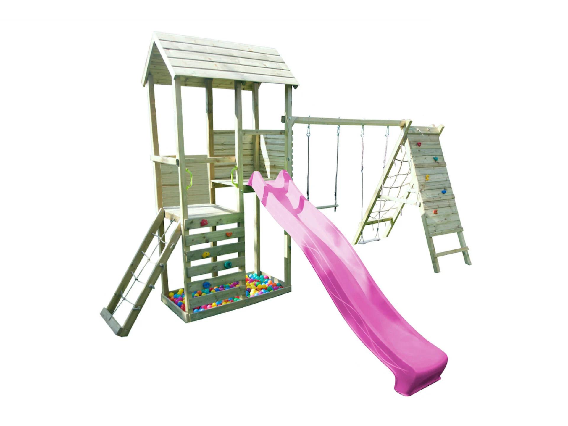 BnB Wood Louna Speeltoren met fuchsia Glijbaan