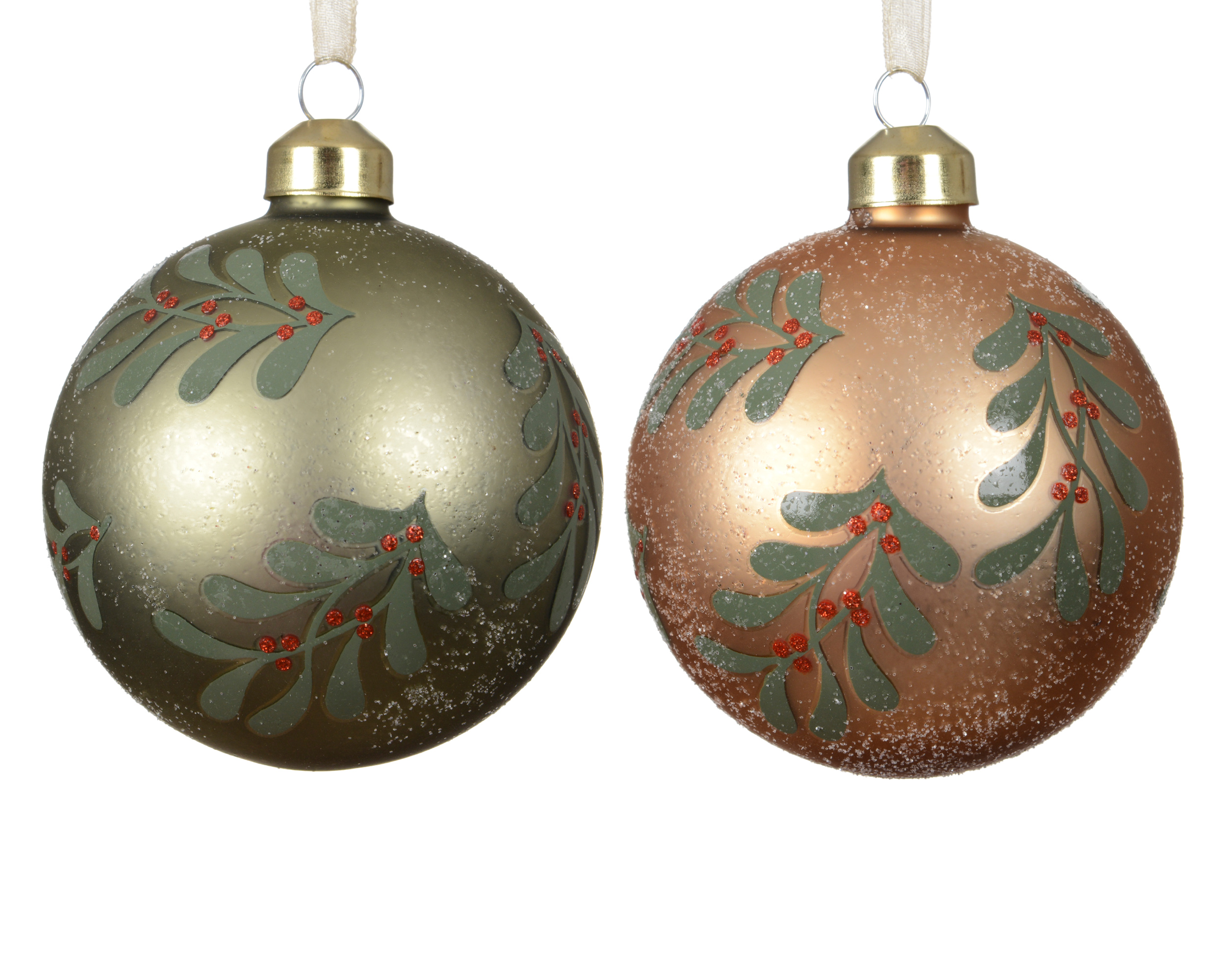 Kerstbal Glas 8cm met Bladeren - Mat - assorti - prijs per stuk