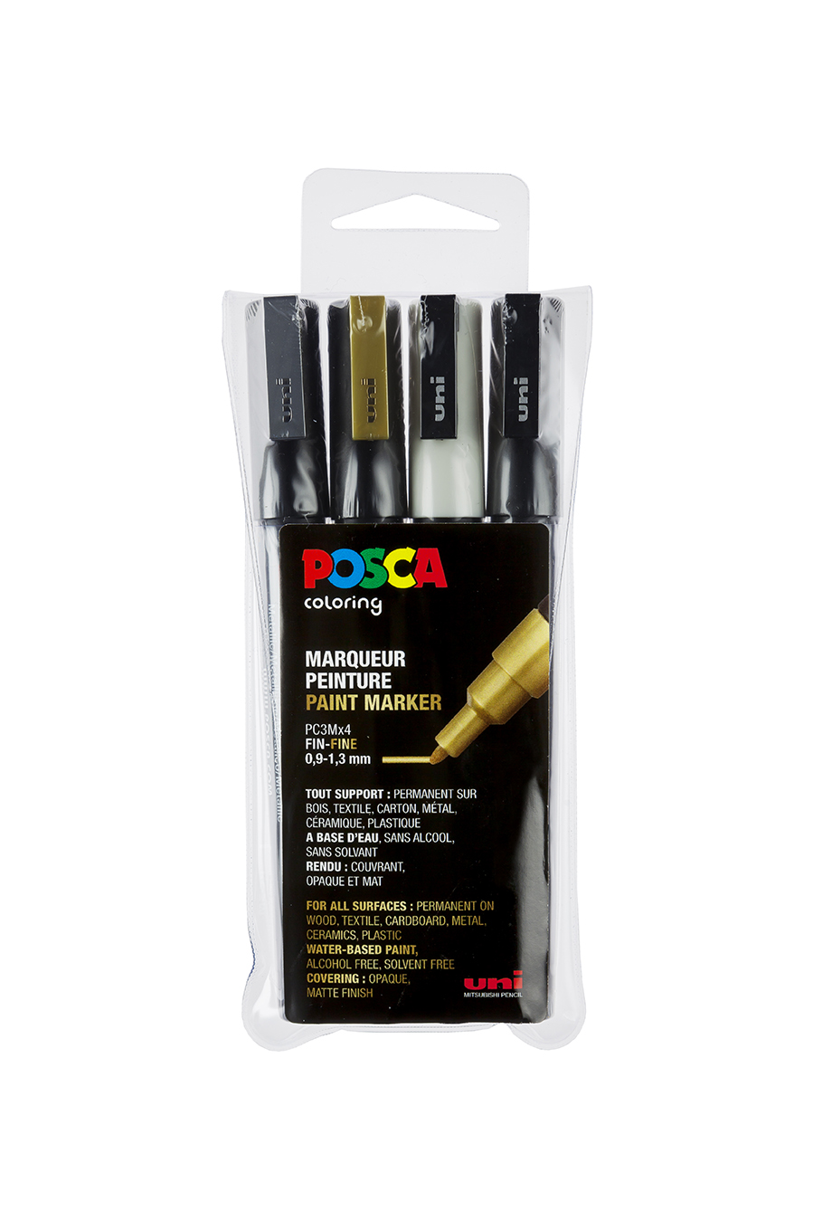 Posca Verfmarker PC-3M 0.9/1.3 mm Conische Punt - Zwart/Wit/Goud/Zilver 4 stuks