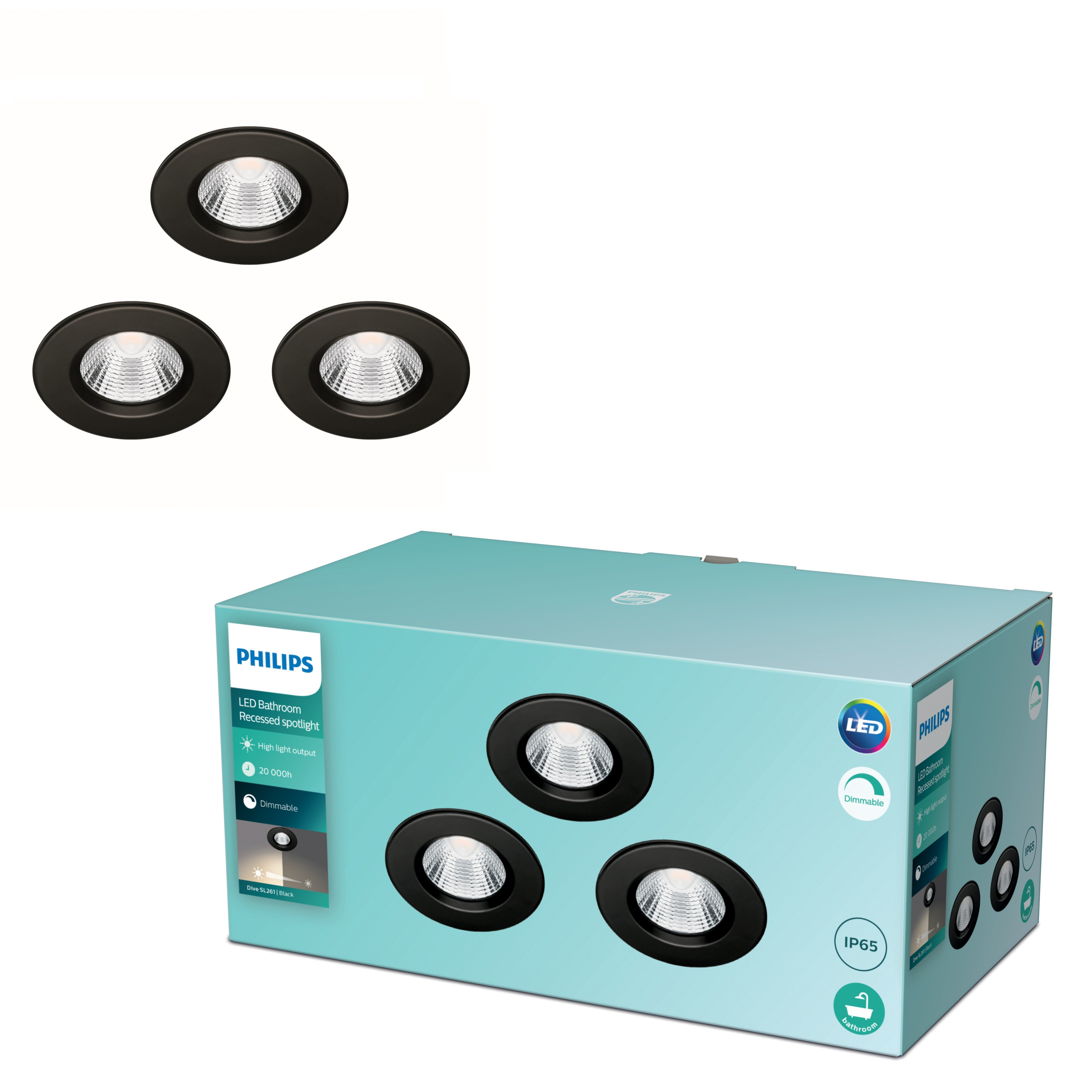Philips Inbouwspot Dive SL261 Zwart 85 mm GU10 5.5W Dimbaar IP20 - 3 stuks