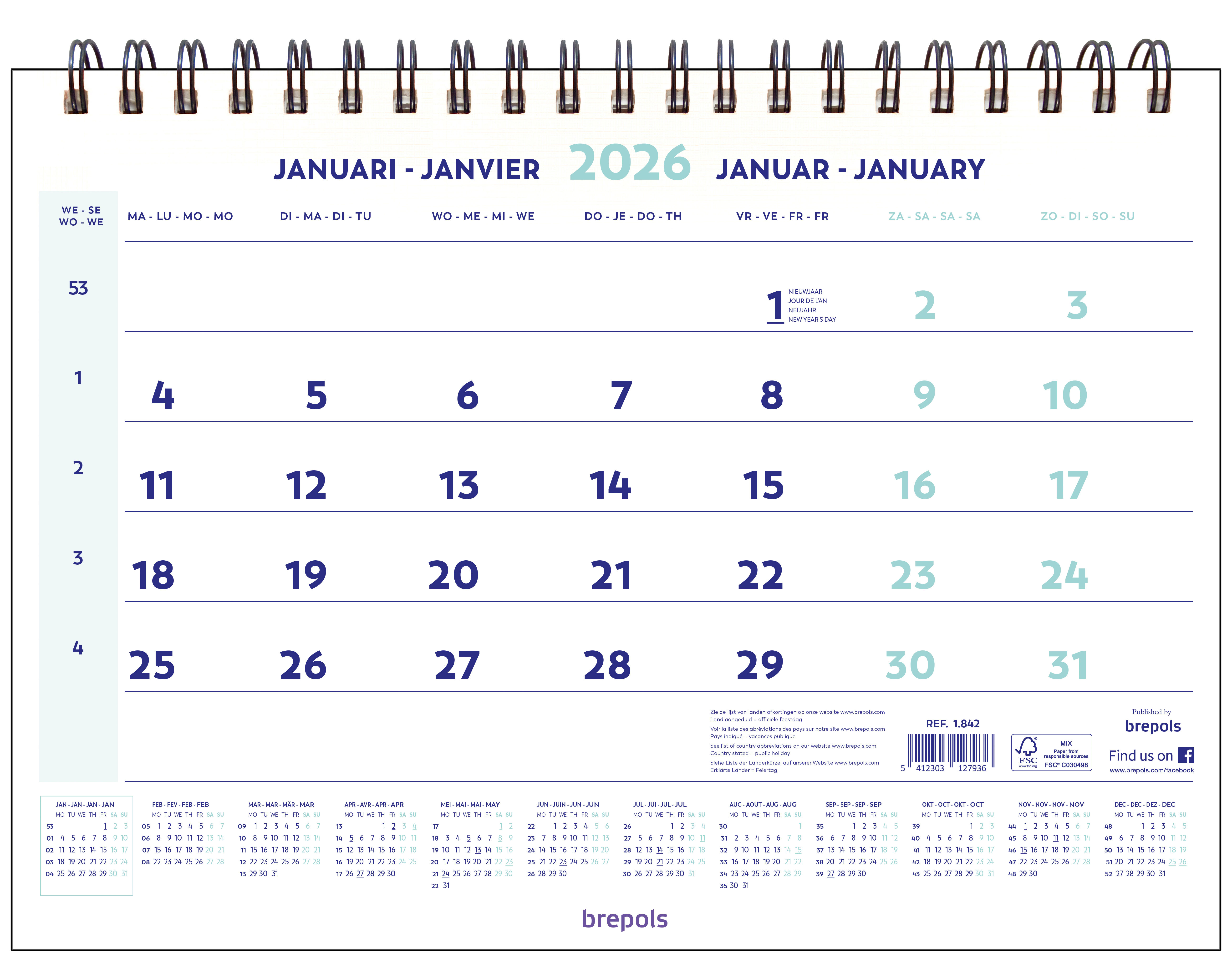 Brepols Maandkalender 2026 - 43x31.5 cm