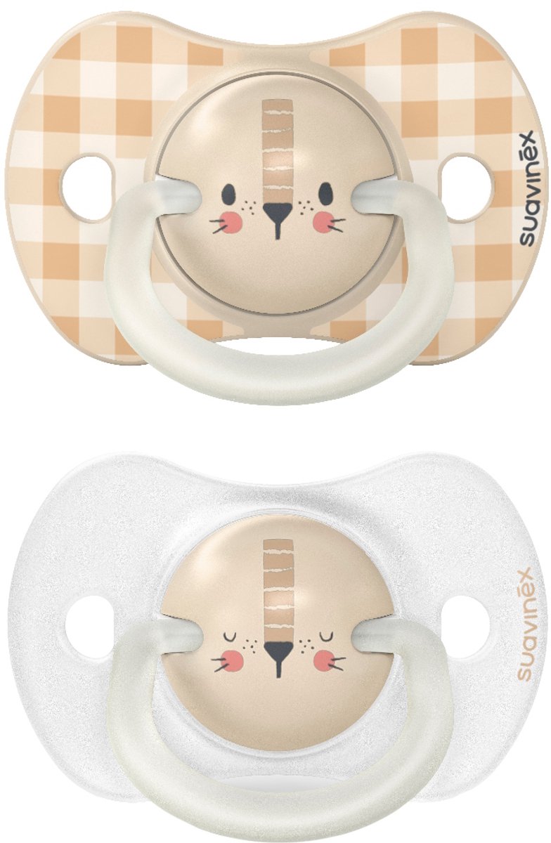 Suavinex Fopspeen SX Pro Night&Day Silicone symmetrisch - 0-6 maand - Leeuw - 2 stuks